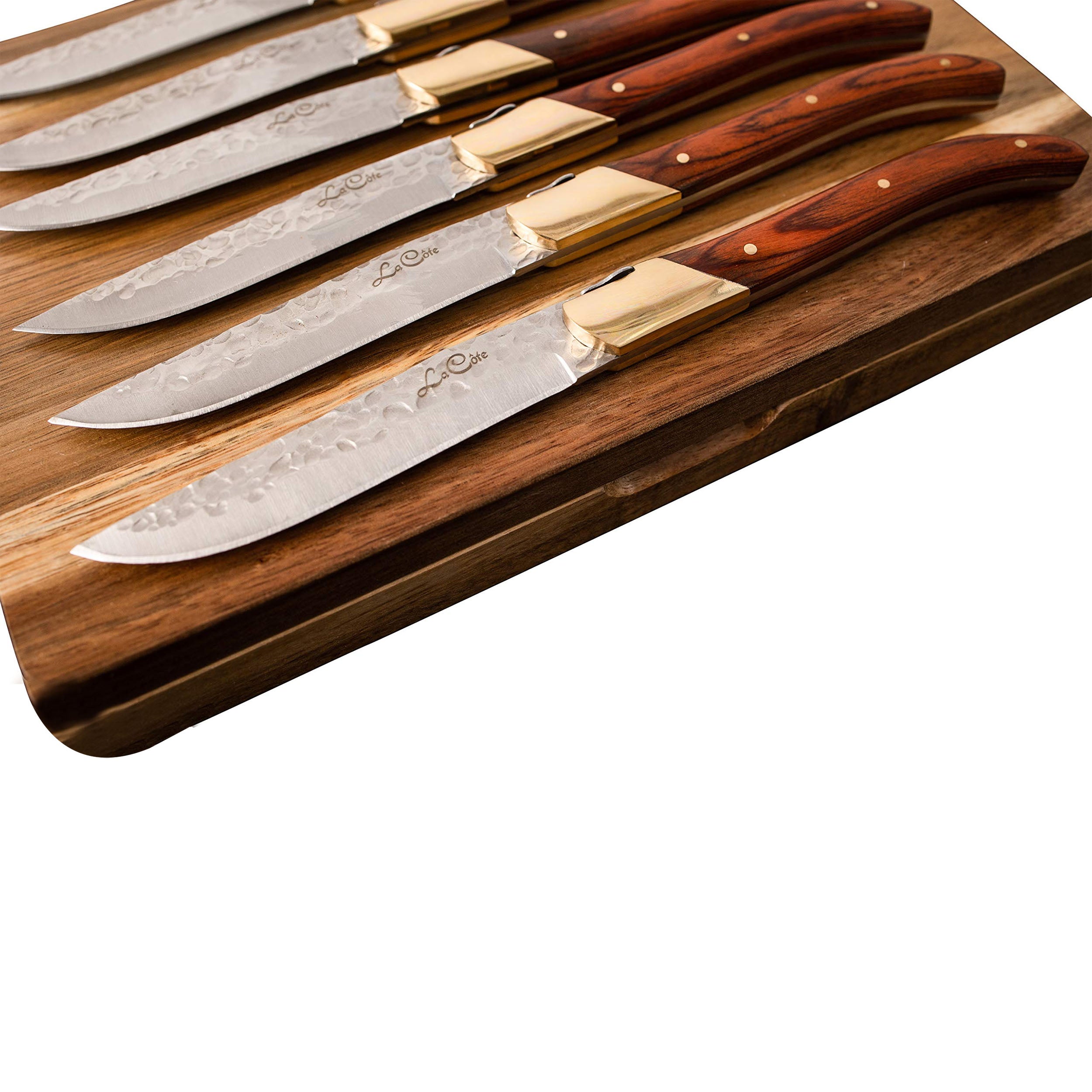 La Cote 6 Piece Pakka Wood Cupreous Steak Knives Set Japanese Stainless Steel Wood Handle In Gift Box (6 PC Pakka Wood With Acacia Wood Box)