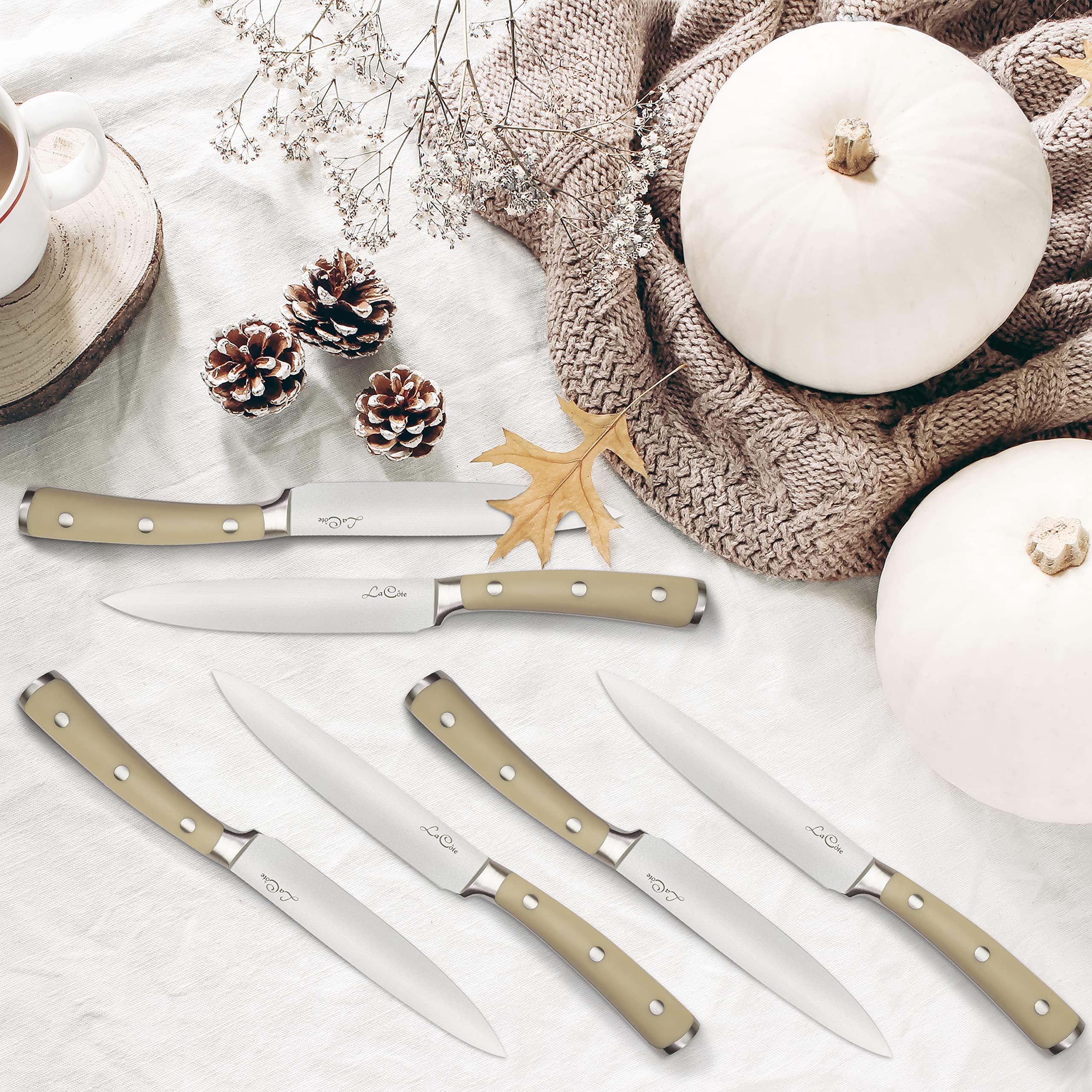La Cote 6 Piece Ivory Steak Knives Set Japanese Steel straight edge blades in Gift Box