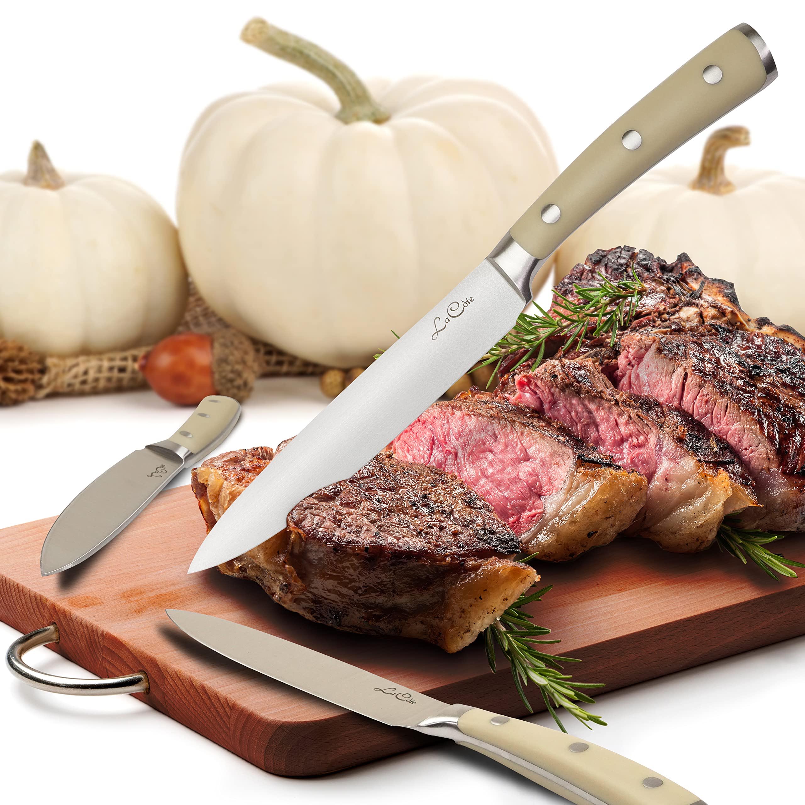 La Cote 6 Piece Ivory Steak Knives Set Japanese Steel straight edge blades in Gift Box