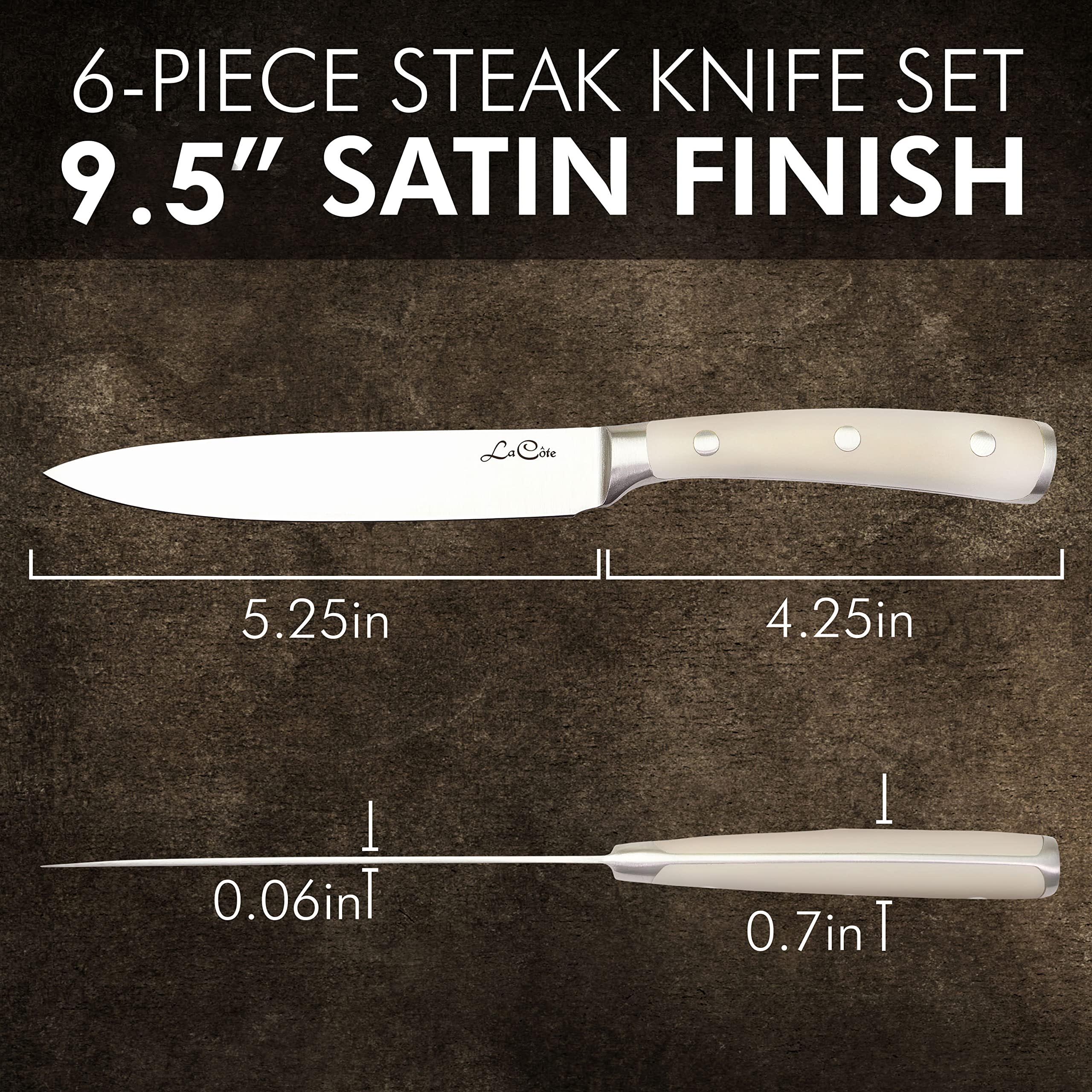 La Cote 6 Piece Ivory Steak Knives Set Japanese Steel straight edge blades in Gift Box