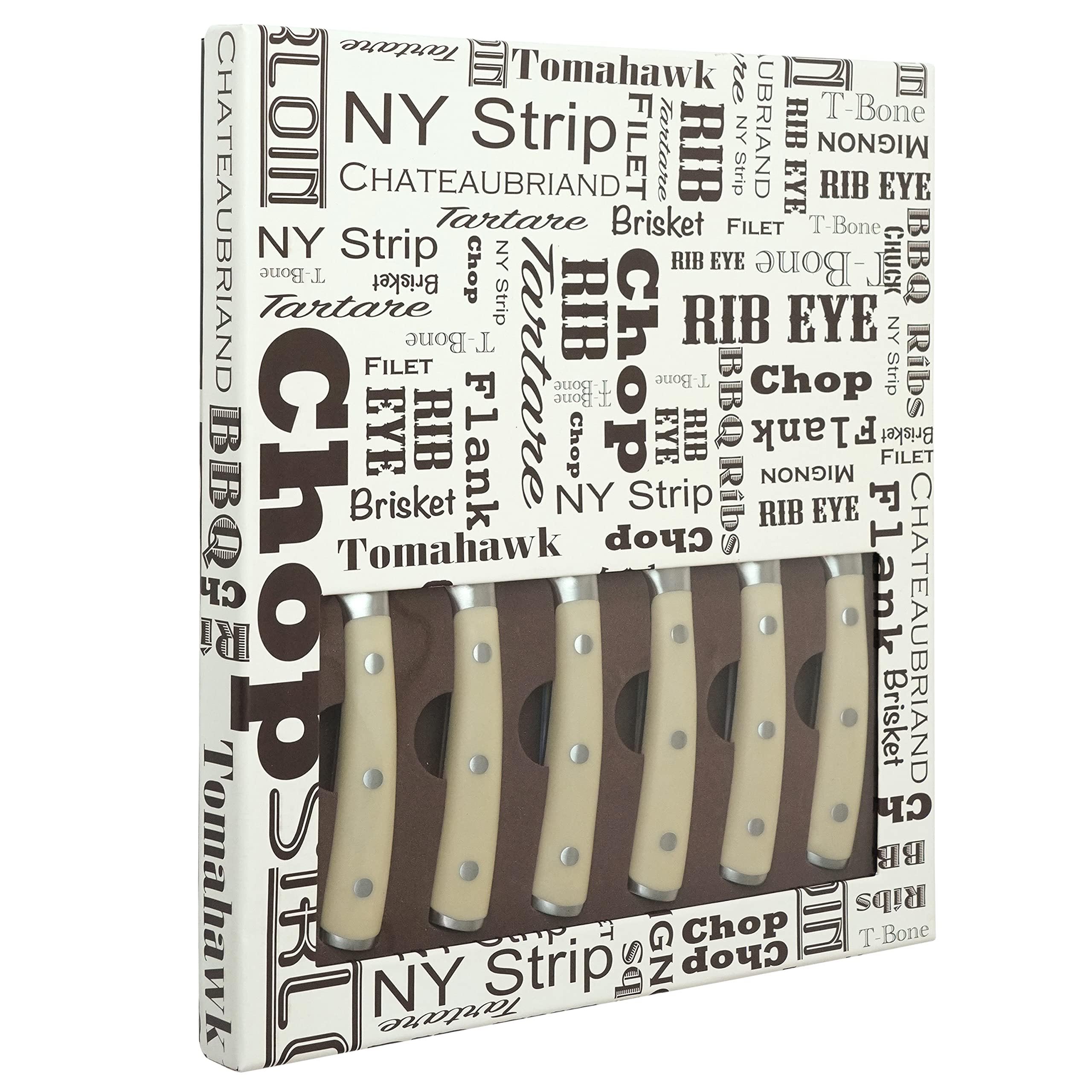 La Cote 6 Piece Ivory Steak Knives Set Japanese Steel straight edge blades in Gift Box