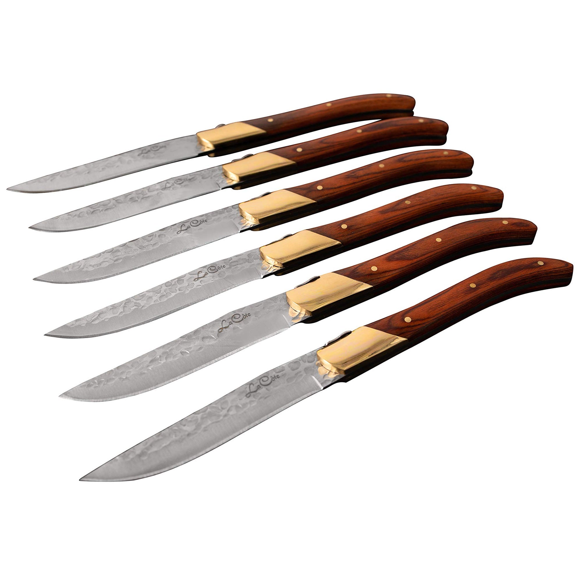 La Cote 6 Piece Pakka Wood Cupreous Steak Knives Set Japanese Stainless Steel Wood Handle In Gift Box (6 PC Pakka Wood With Acacia Wood Box)