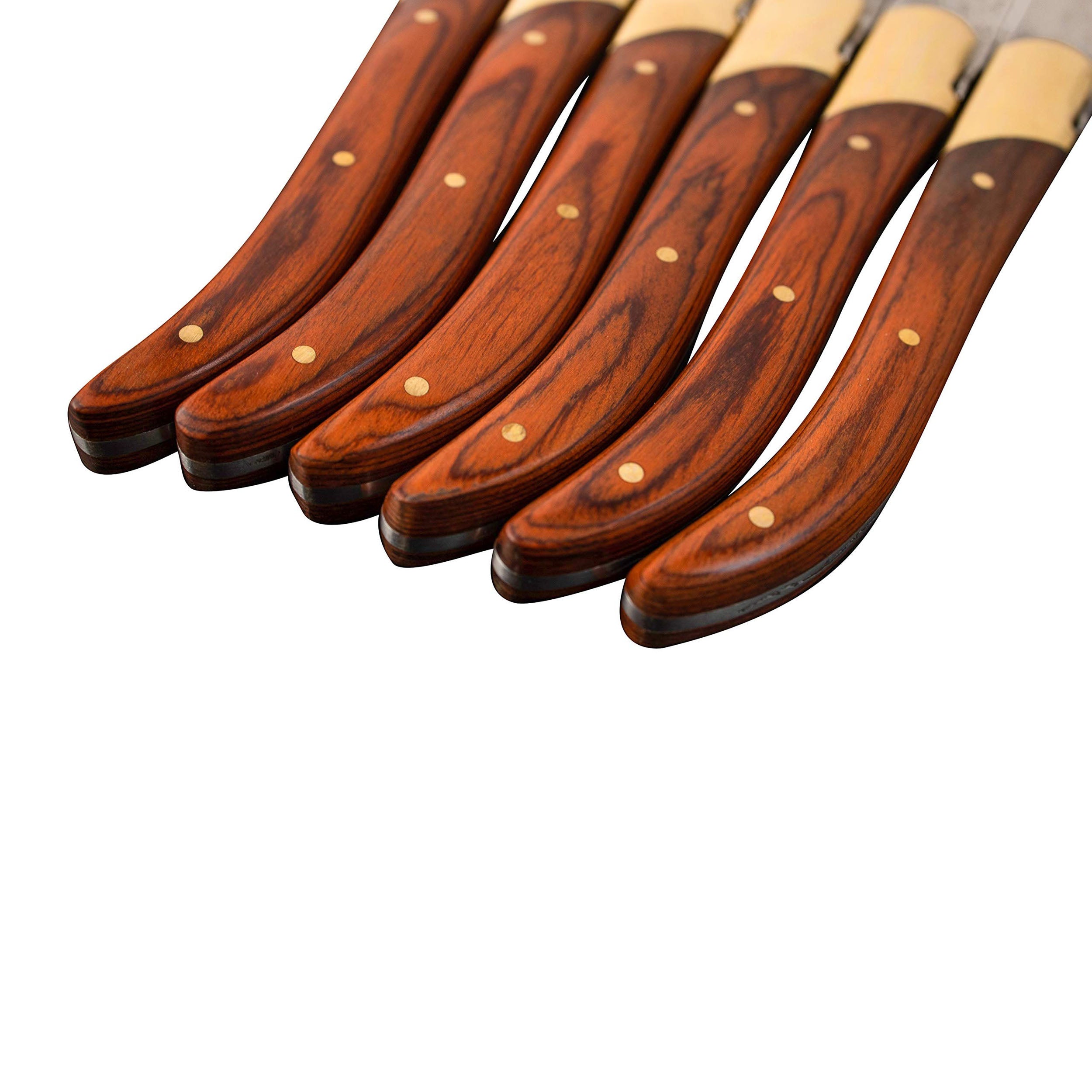 La Cote 6 Piece Pakka Wood Cupreous Steak Knives Set Japanese Stainless Steel Wood Handle In Gift Box (6 PC Pakka Wood With Acacia Wood Box)
