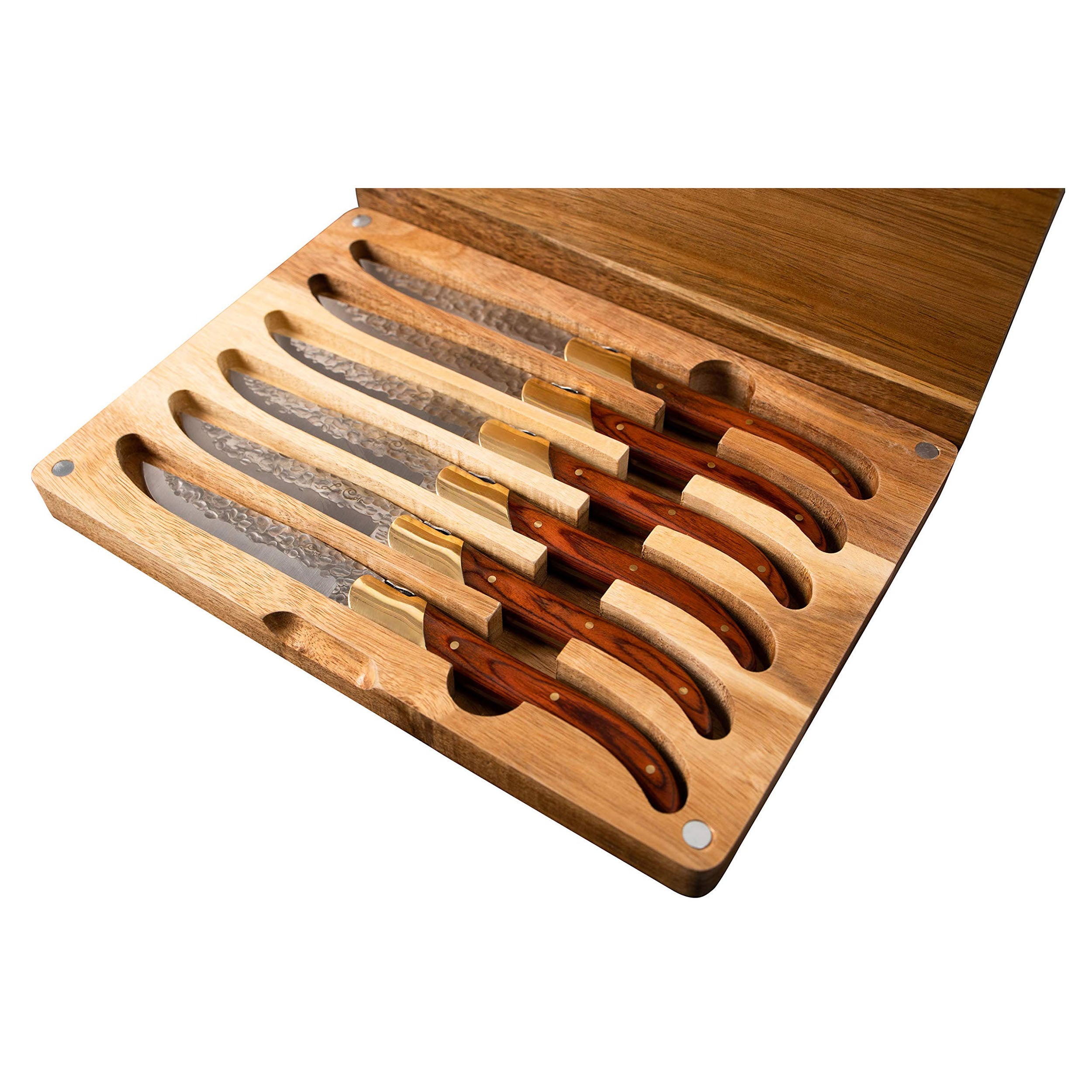 La Cote 6 Piece Pakka Wood Cupreous Steak Knives Set Japanese Stainless Steel Wood Handle In Gift Box (6 PC Pakka Wood With Acacia Wood Box)