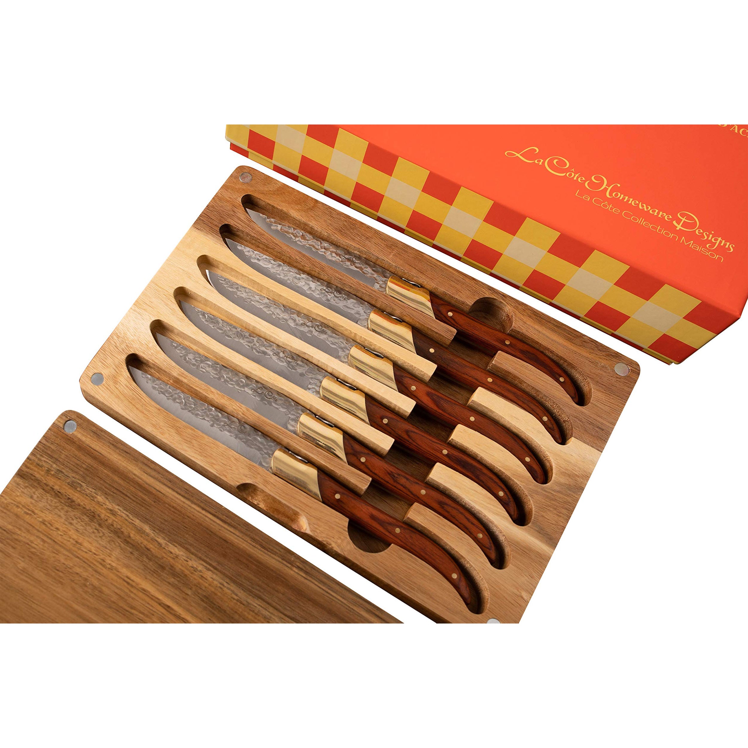 La Cote 6 Piece Pakka Wood Cupreous Steak Knives Set Japanese Stainless Steel Wood Handle In Gift Box (6 PC Pakka Wood With Acacia Wood Box)