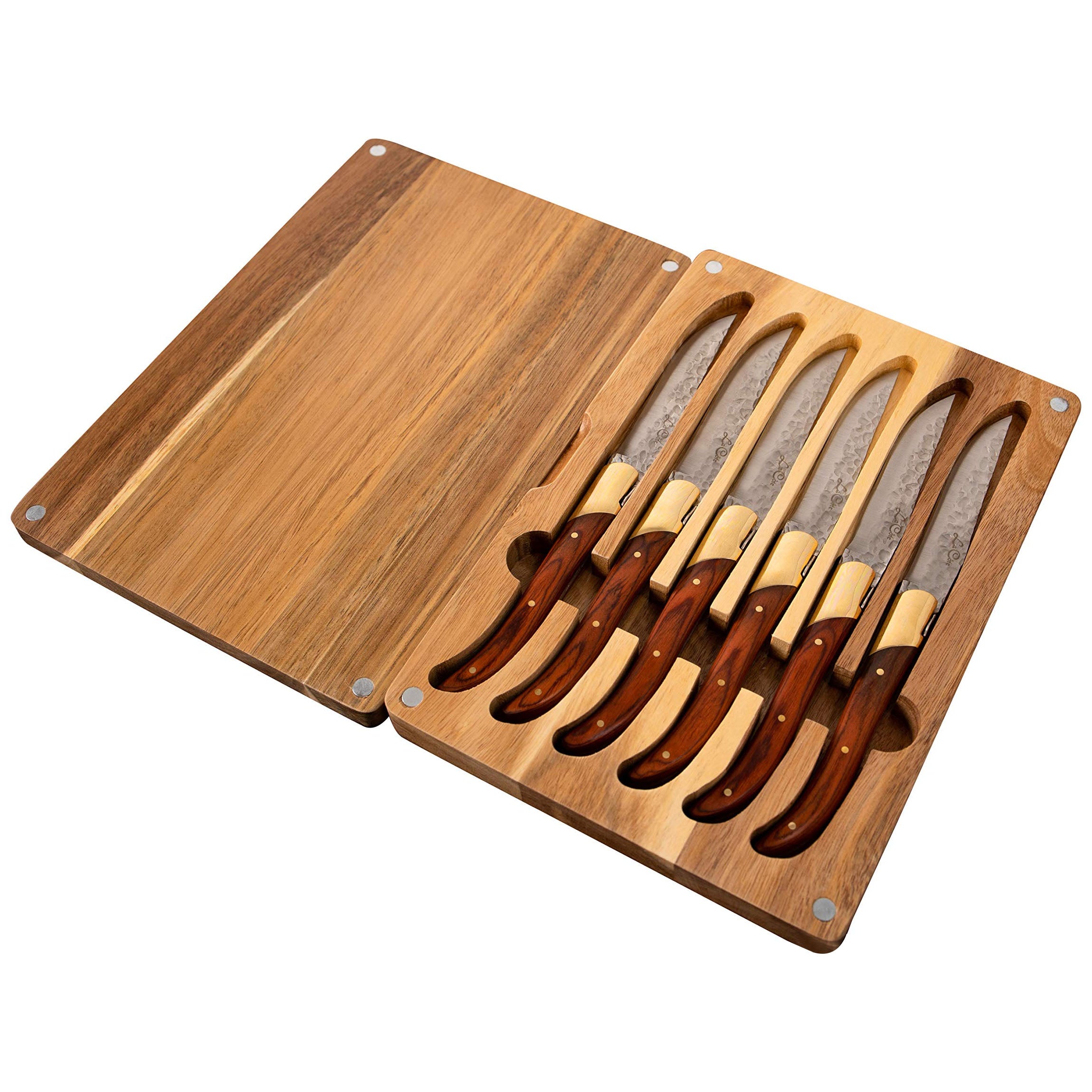 La Cote 6 Piece Pakka Wood Cupreous Steak Knives Set Japanese Stainless Steel Wood Handle In Gift Box (6 PC Pakka Wood With Acacia Wood Box)