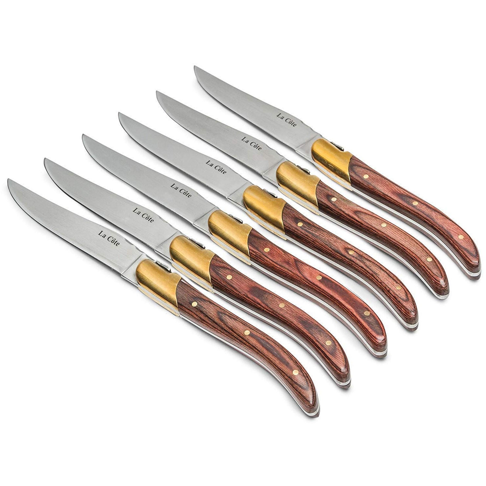 La Cote 6 Piece Pakka Wood Cupreous Steak Knives Set Japanese Stainless Steel Wood Handle In Gift Box (6 PC Steak Knife Set - Rose)