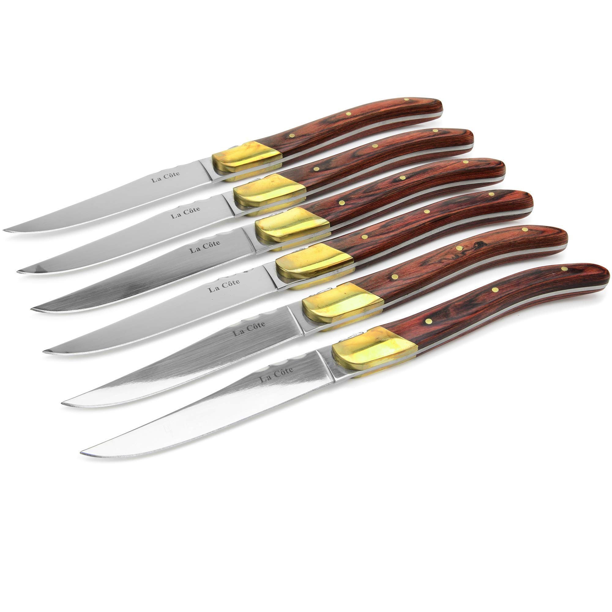 La Cote 6 Piece Pakka Wood Cupreous Steak Knives Set Japanese Stainless Steel Wood Handle In Gift Box (6 PC Steak Knife Set - Rose)