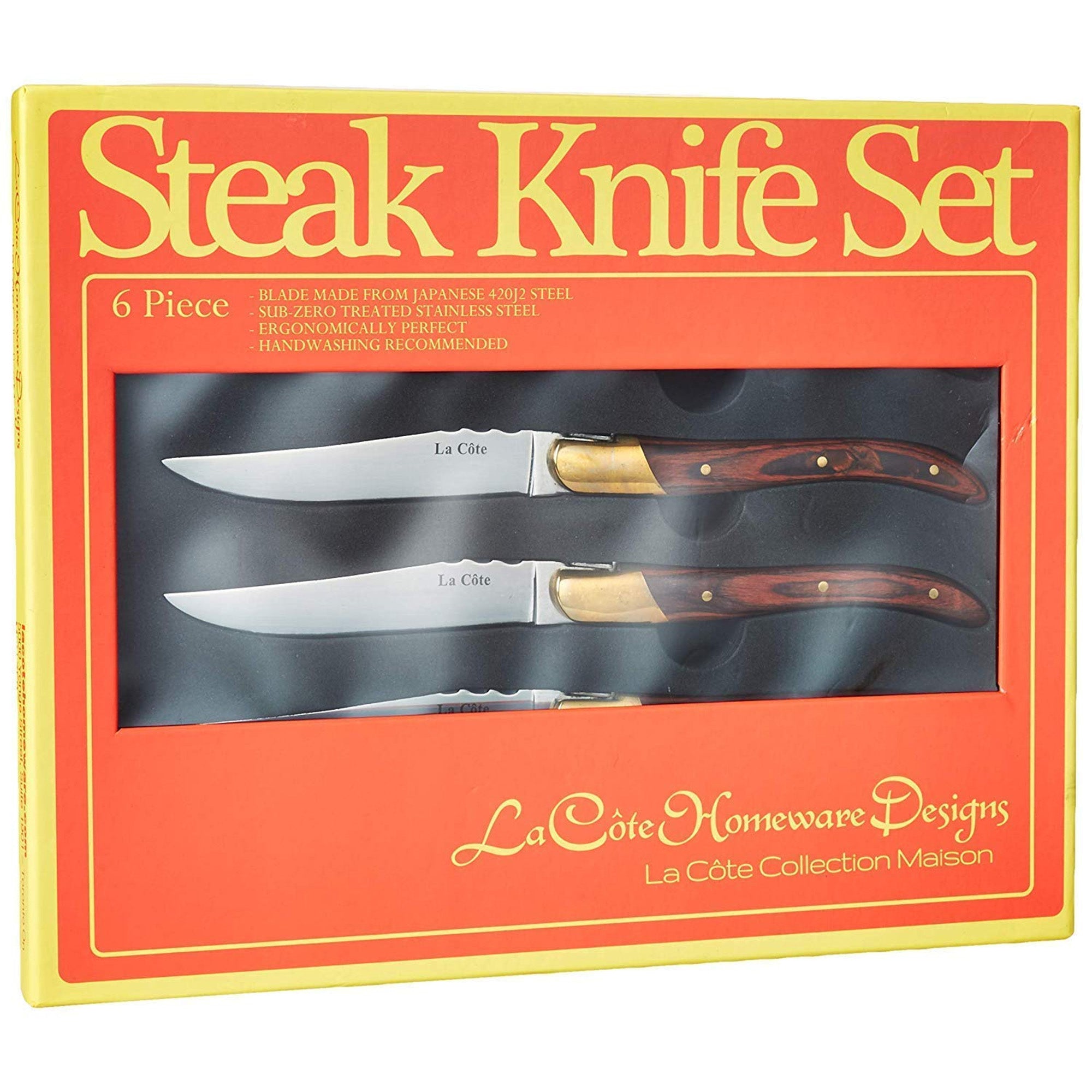 La Cote 6 Piece Pakka Wood Cupreous Steak Knives Set Japanese Stainless Steel Wood Handle In Gift Box (6 PC Steak Knife Set - Rose)