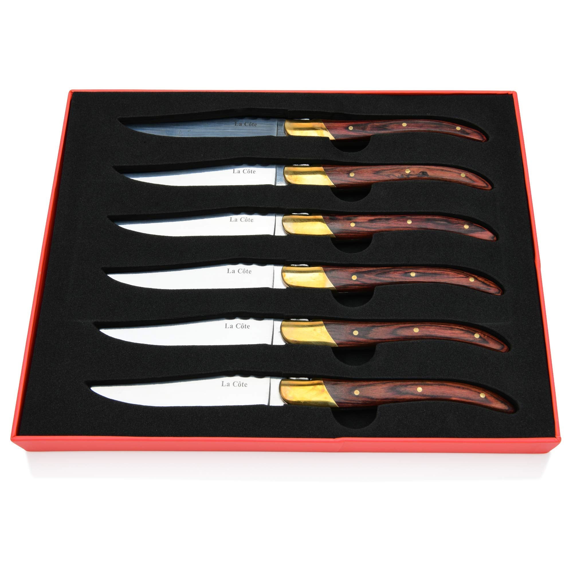 La Cote 6 Piece Pakka Wood Cupreous Steak Knives Set Japanese Stainless Steel Wood Handle In Gift Box (6 PC Steak Knife Set - Rose)