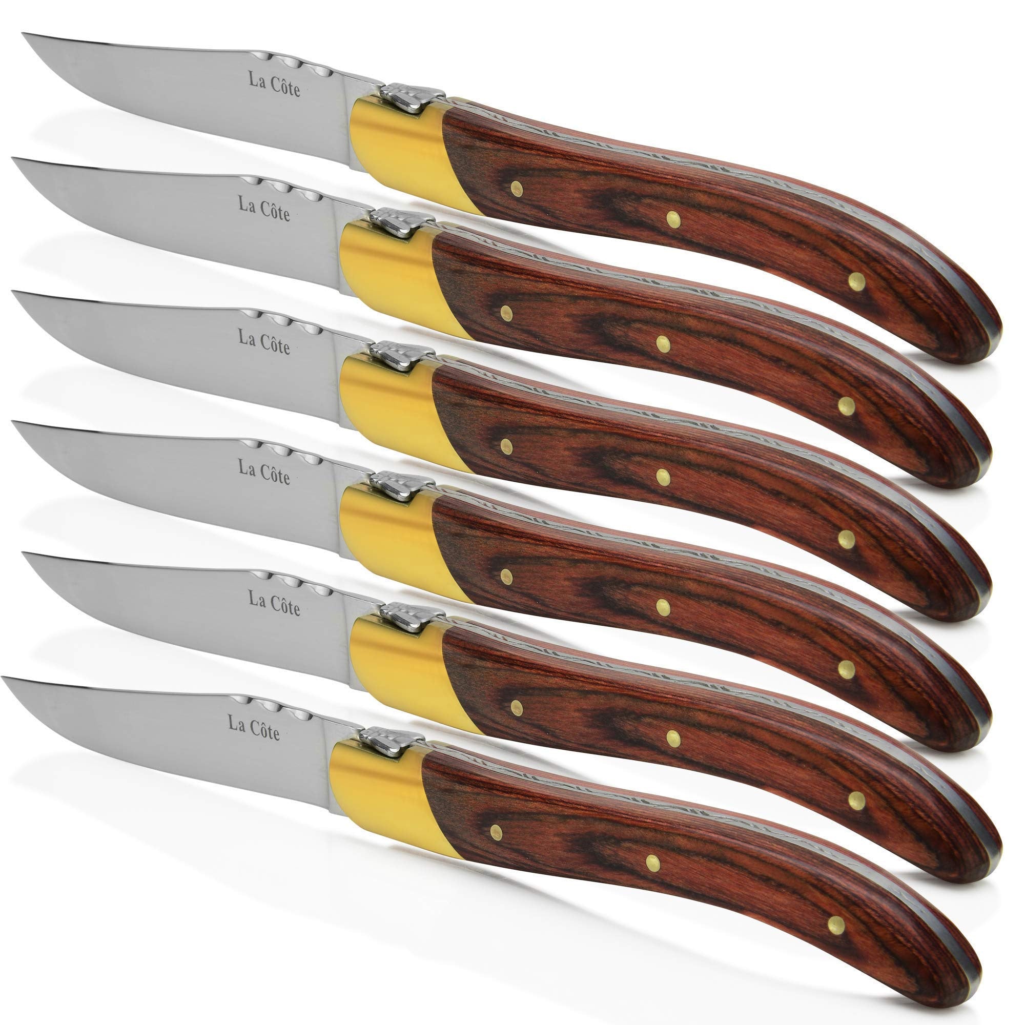 La Cote 6 Piece Pakka Wood Cupreous Steak Knives Set Japanese Stainless Steel Wood Handle In Gift Box (6 PC Steak Knife Set - Rose)