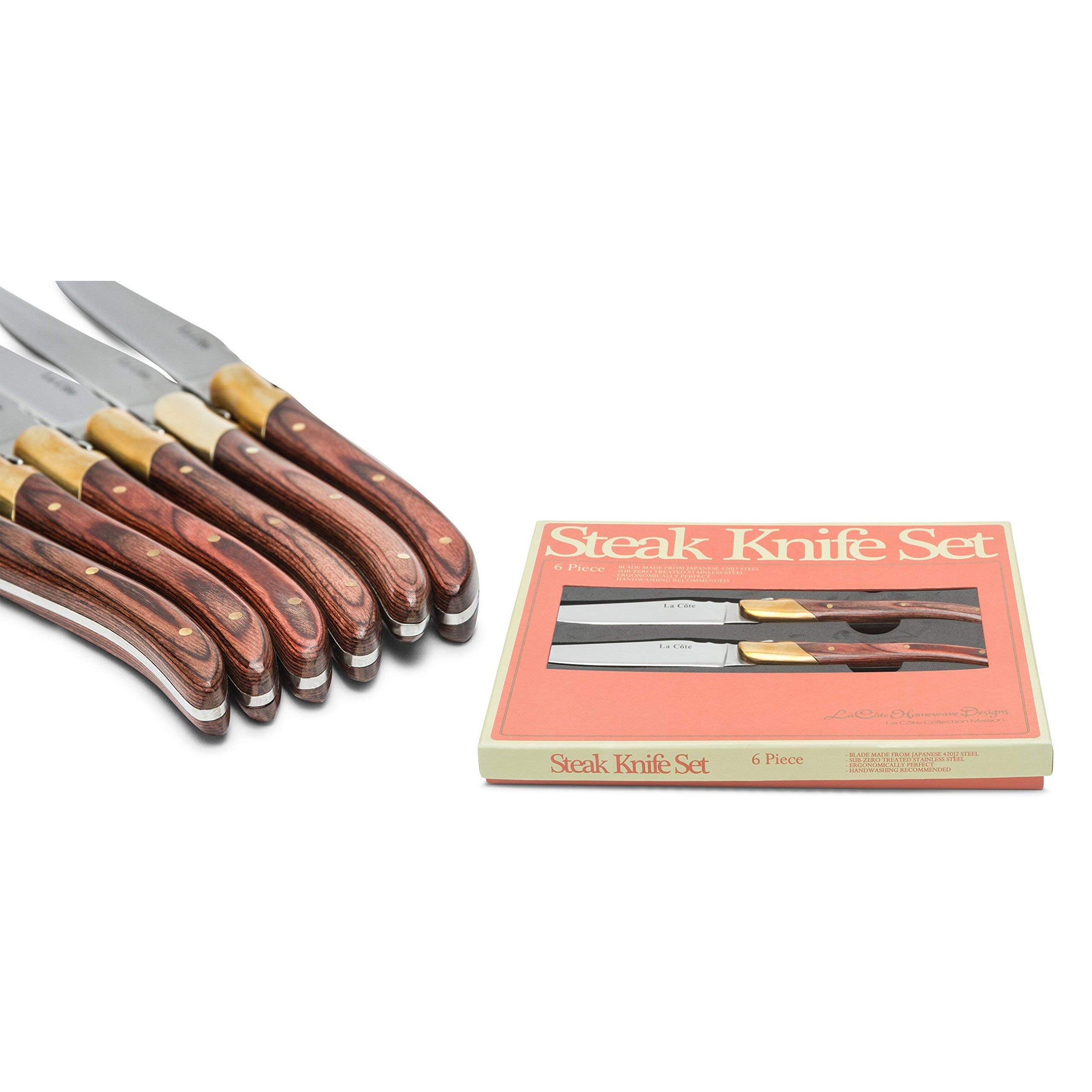 La Cote 6 Piece Pakka Wood Cupreous Steak Knives Set Japanese Stainless Steel Wood Handle In Gift Box (6 PC Steak Knife Set - Rose)