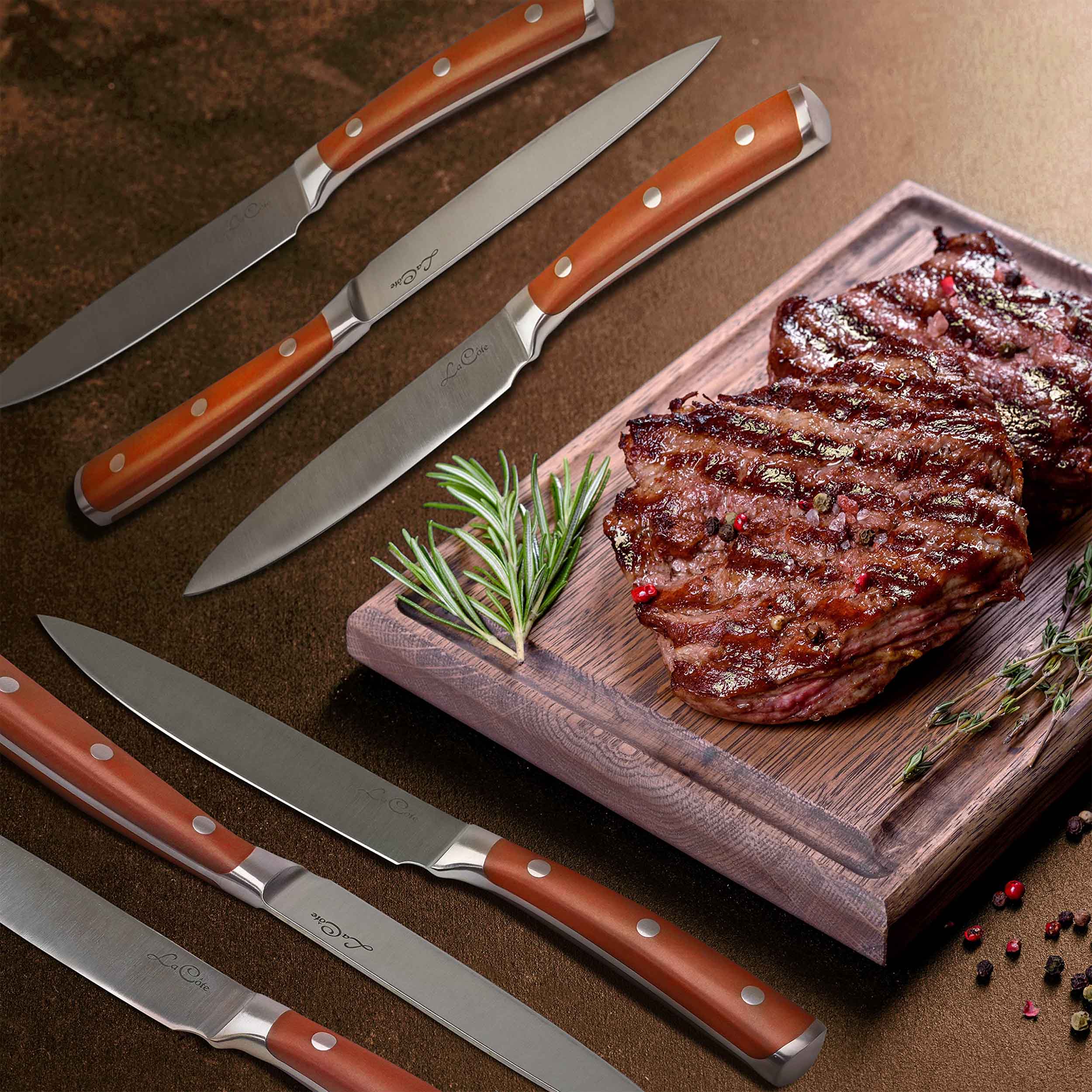 La Cote 6 Piece Maple Steak Knives Set Japanese Steel straight edge blades in Gift Box