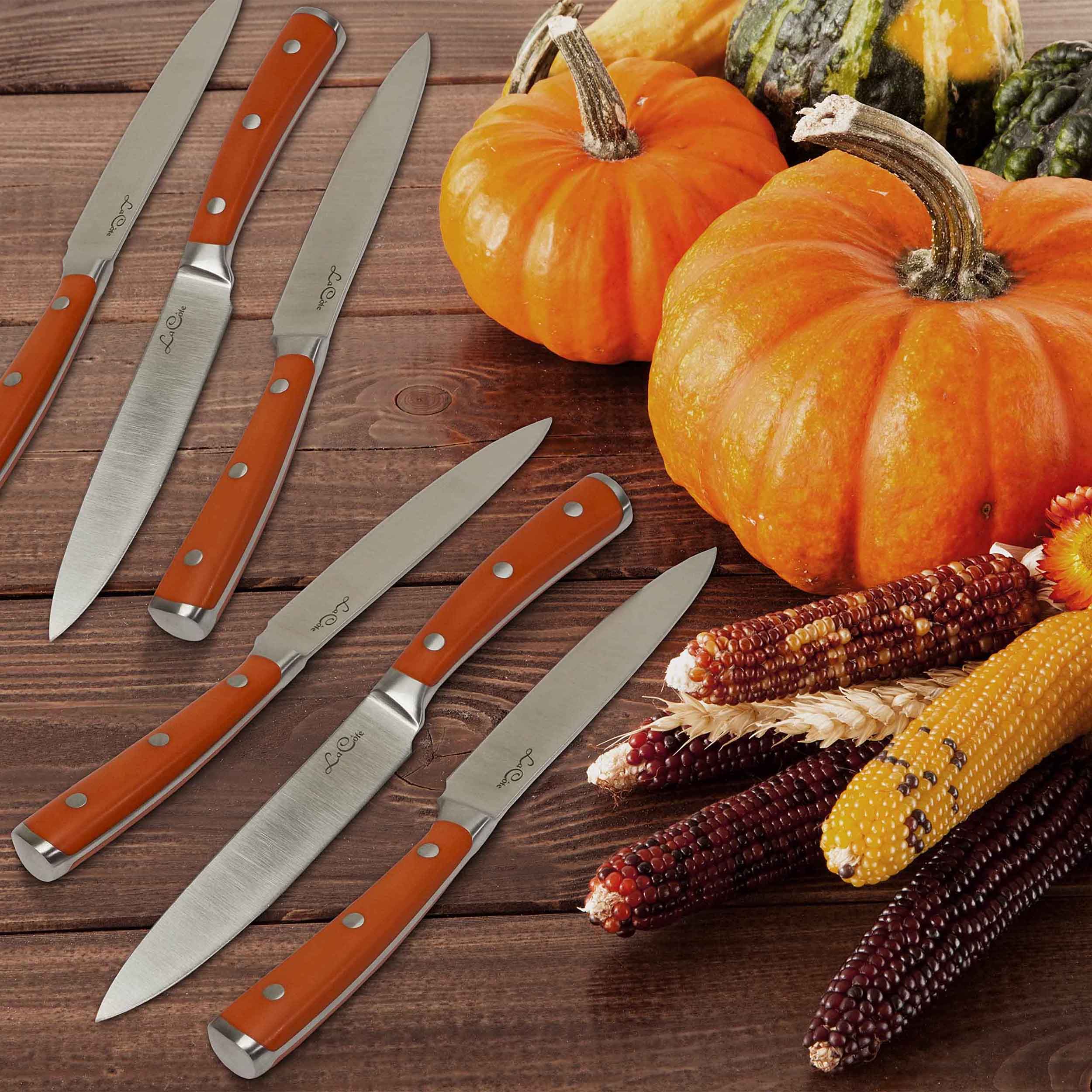 La Cote 6 Piece Maple Steak Knives Set Japanese Steel straight edge blades in Gift Box
