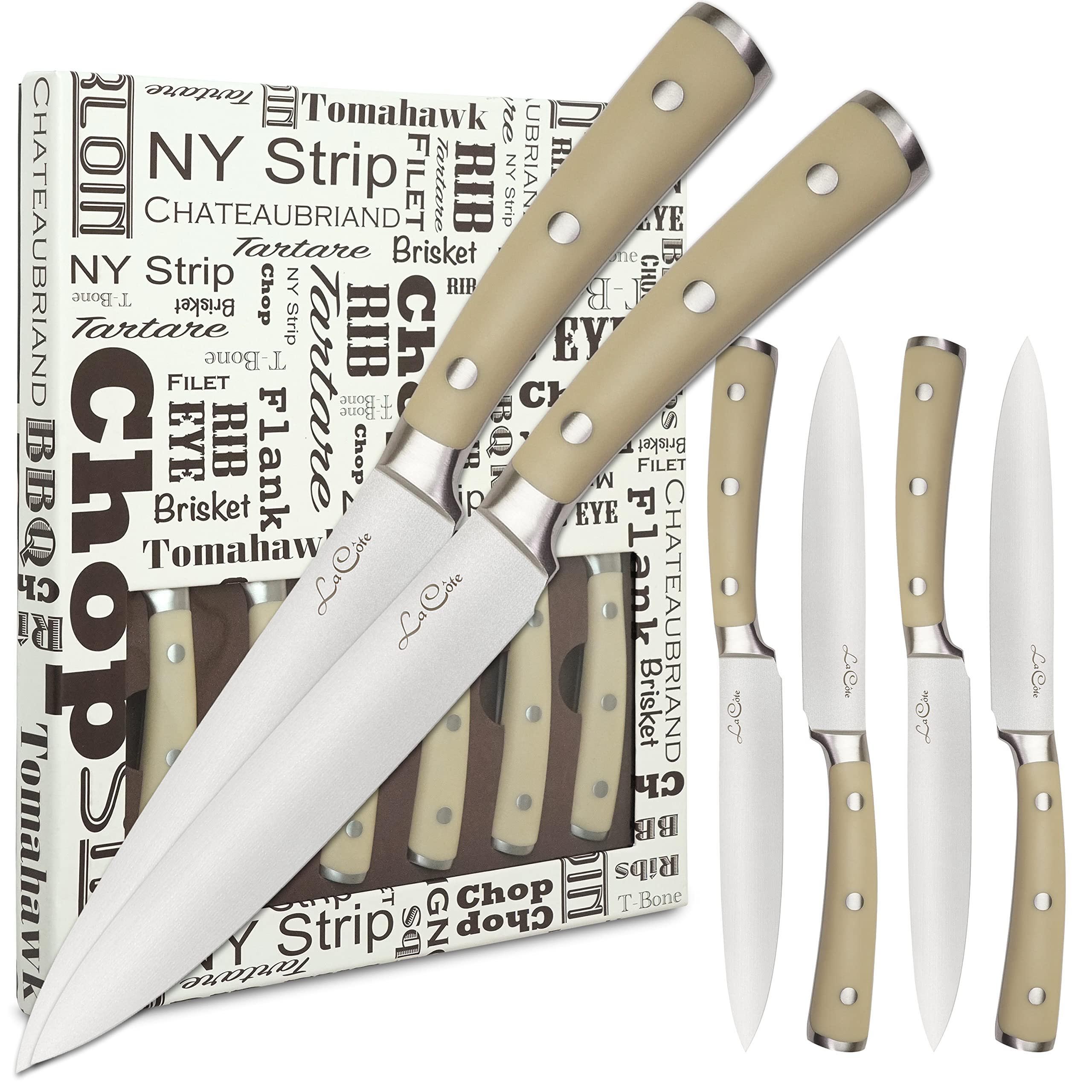 La Cote 6 Piece Ivory Steak Knives Set Japanese Steel straight edge blades in Gift Box