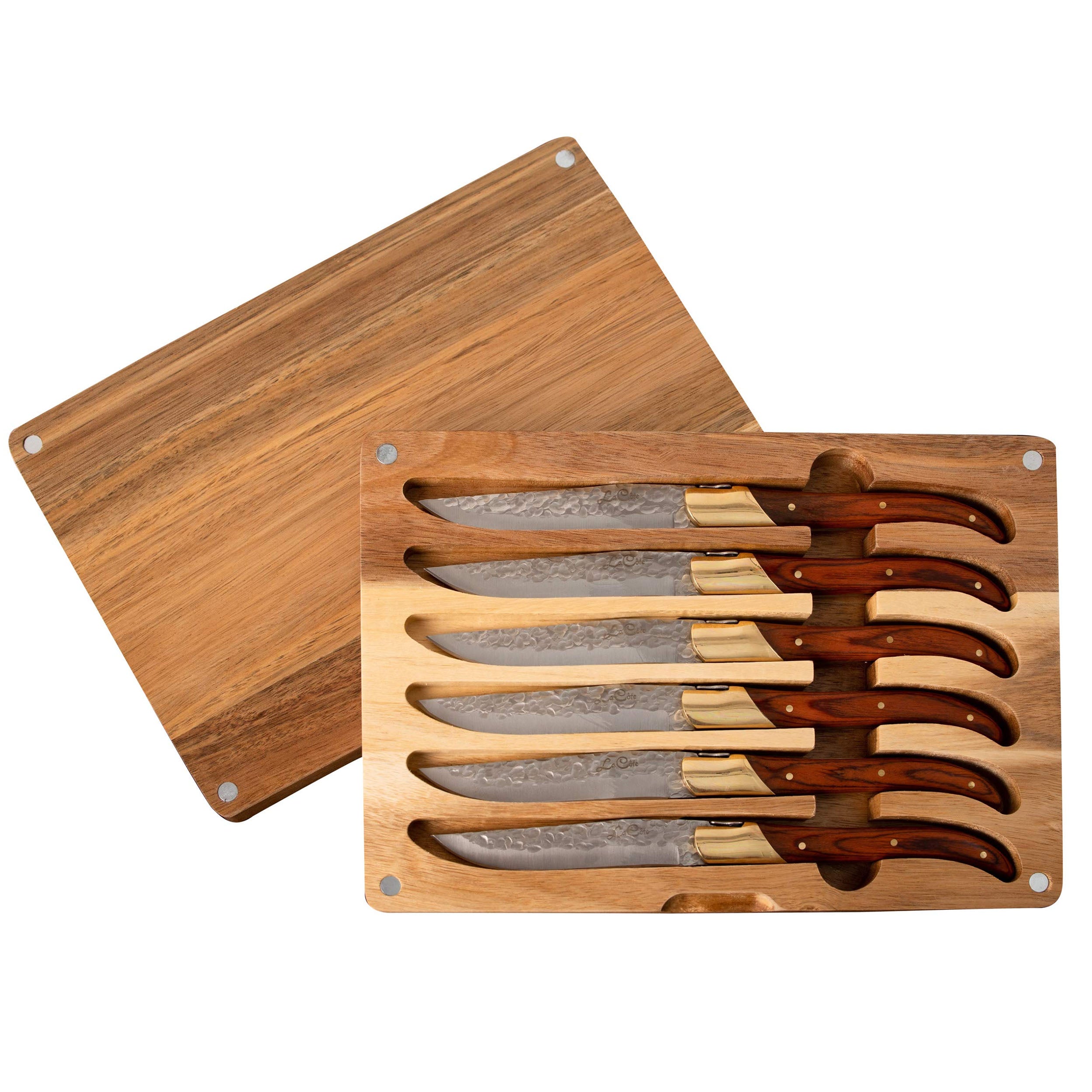La Cote 6 Piece Pakka Wood Cupreous Steak Knives Set Japanese Stainless Steel Wood Handle In Gift Box (6 PC Pakka Wood With Acacia Wood Box)