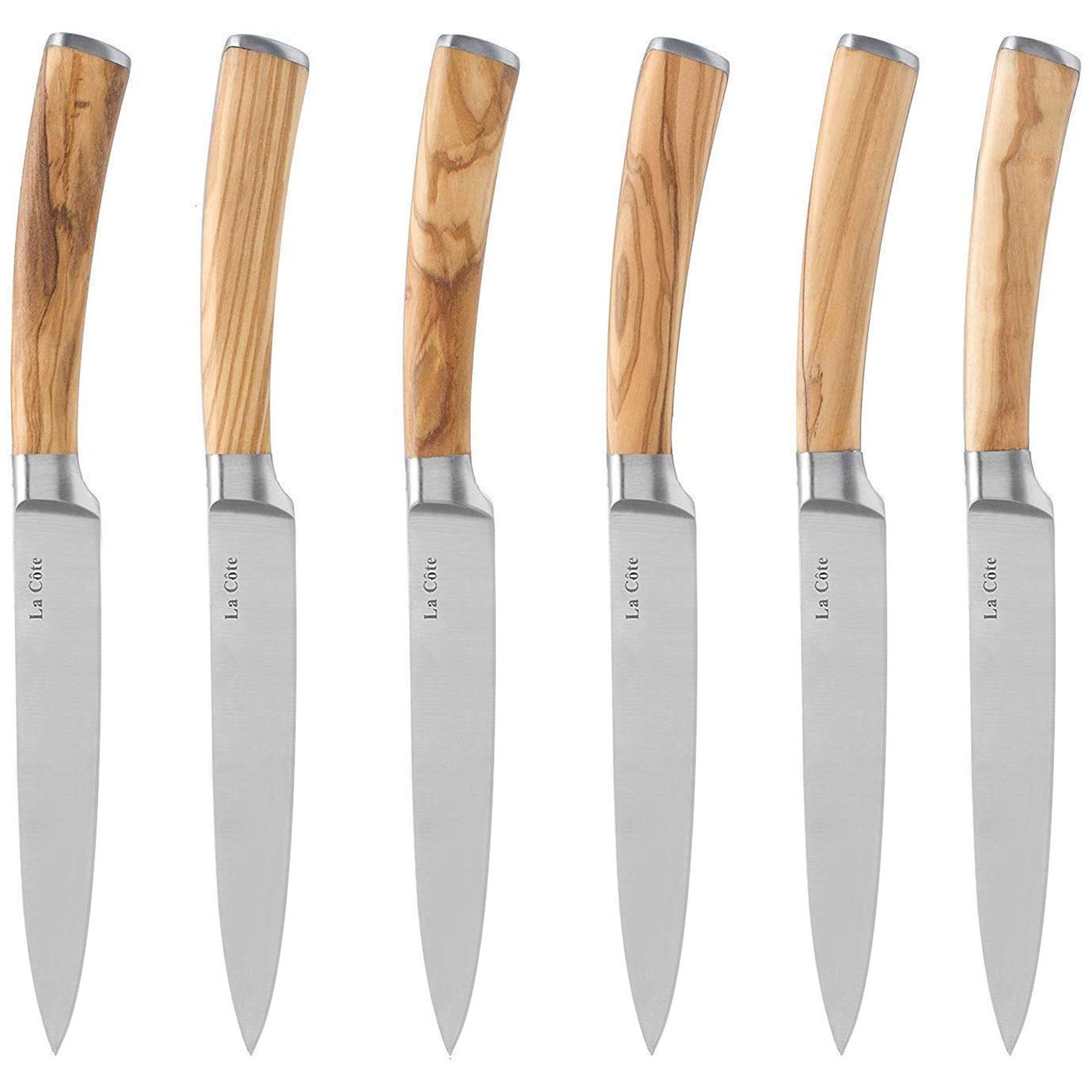 La Cote 6 Piece Olive Wood Steak Knives Set Straight Edge Non Serrated Blades in gift box