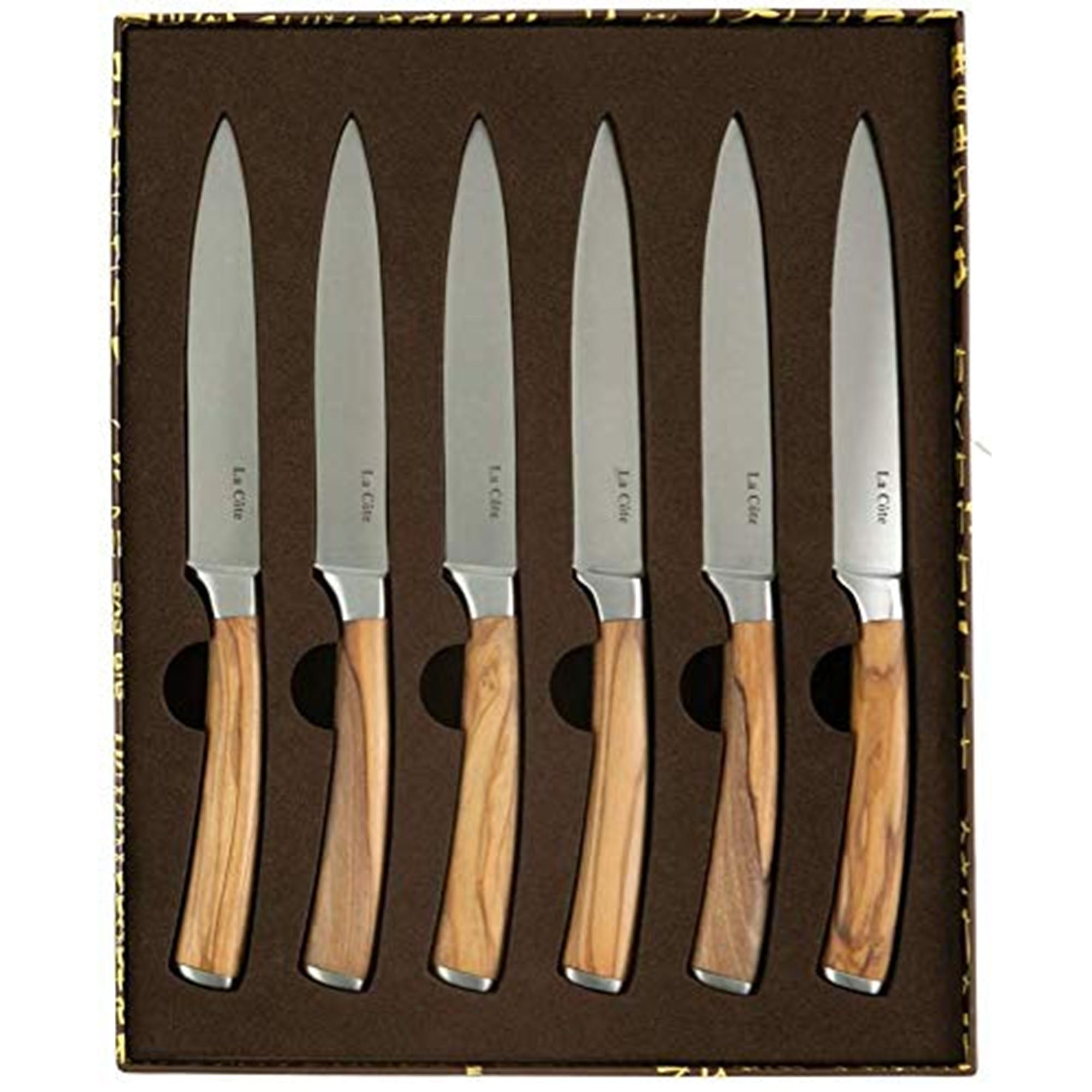La Cote 6 Piece Olive Wood Steak Knives Set Straight Edge Non Serrated Blades in gift box