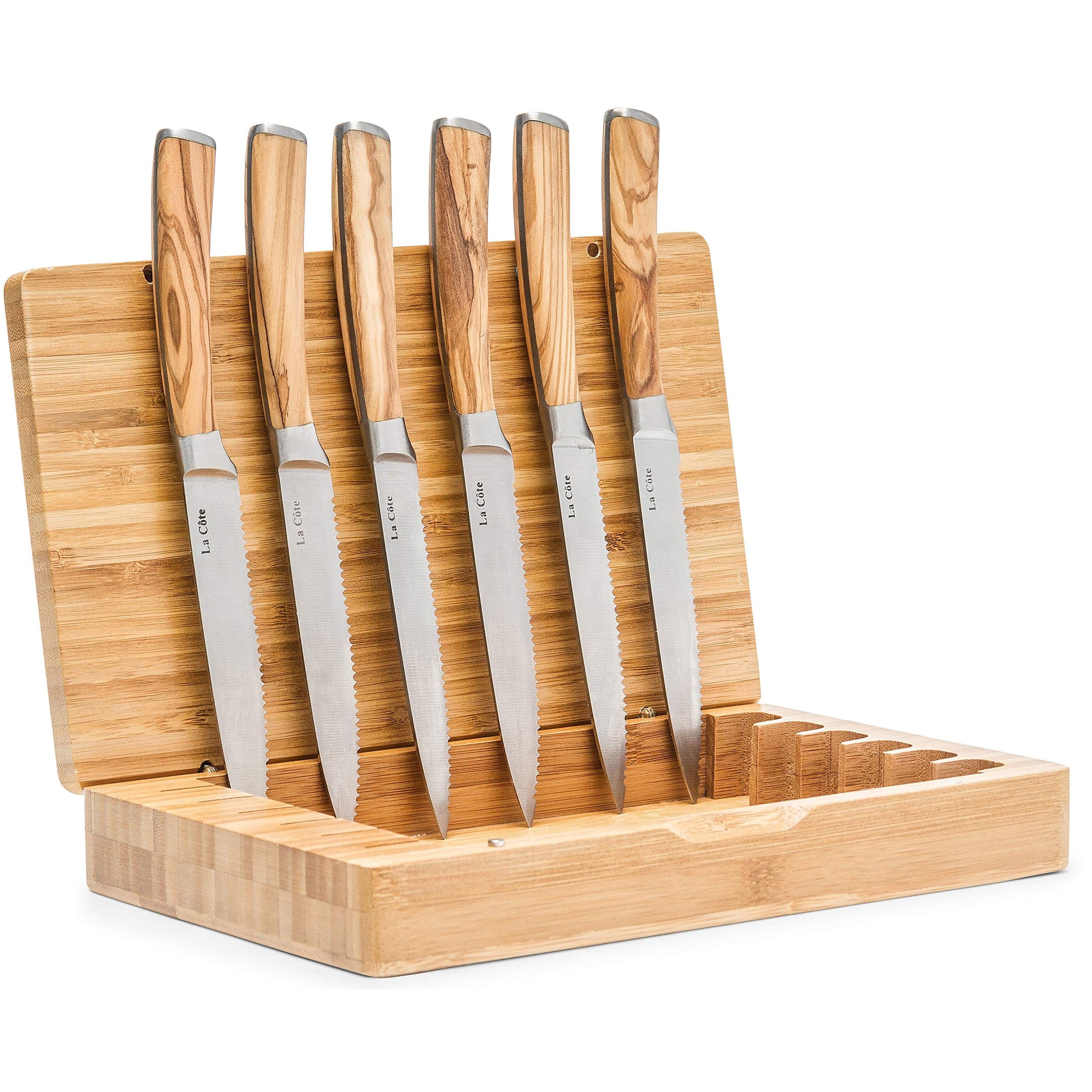 La Cote 6 Piece Steak Knives Set Japanese Stainless Steel Olive Wood Handle In Bamboo Storage Box (Olive Wood)