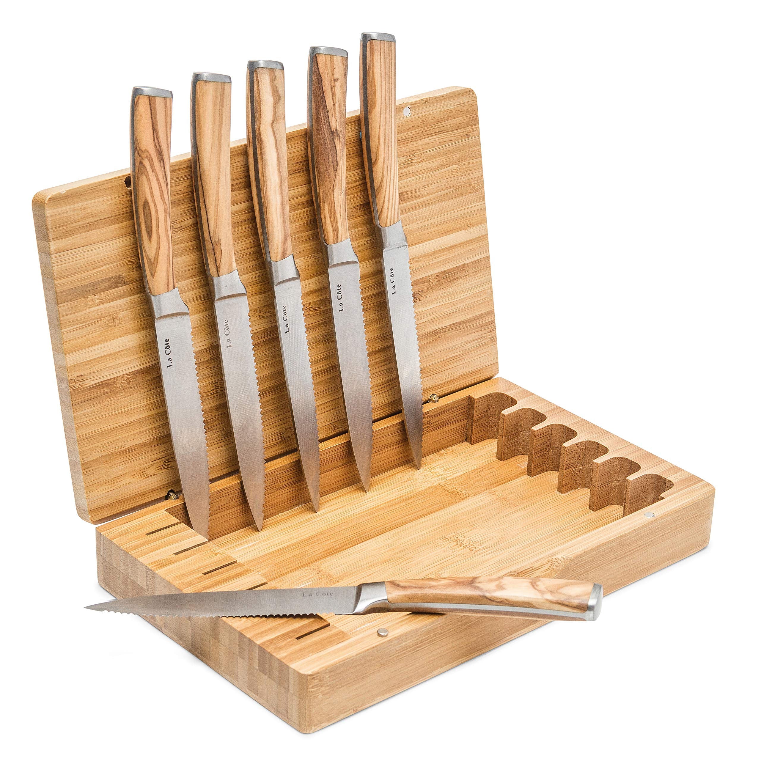 La Cote 6 Piece Steak Knives Set Japanese Stainless Steel Olive Wood Handle In Bamboo Storage Box (Olive Wood)