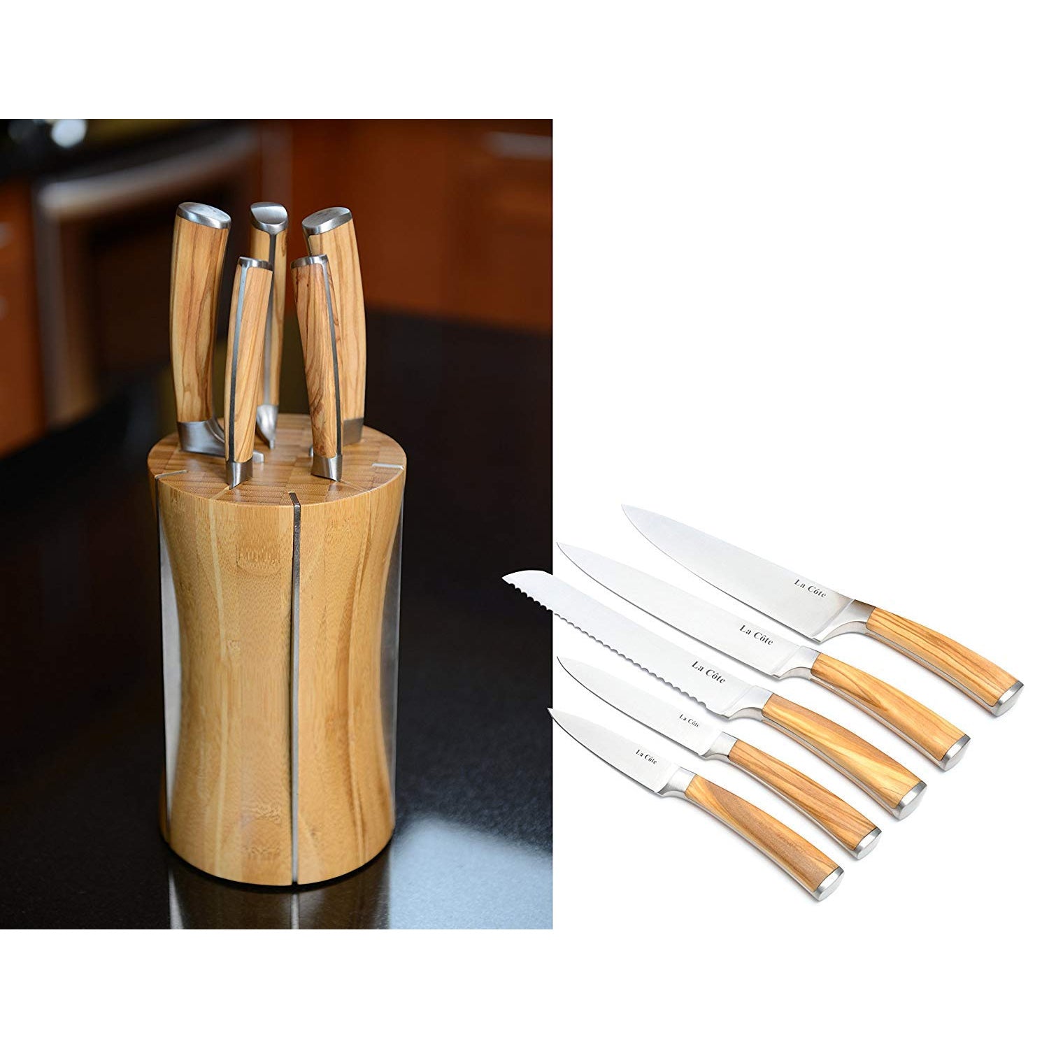 La Cote 5 Piece Chef Knives Set Japanese Stainless Steel Wood Handle with Block (5 PC W/Block (Olive Wood)