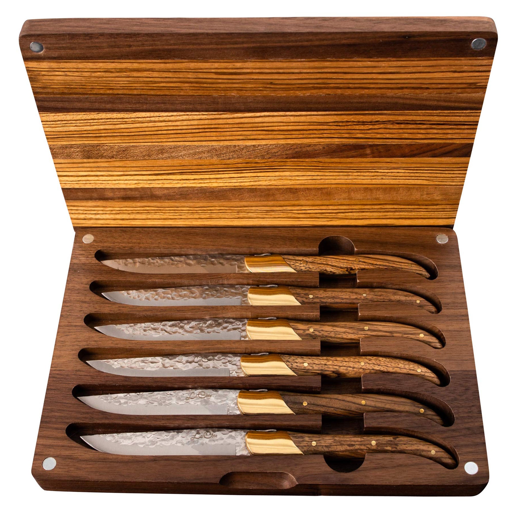 La Cote 6 Piece Zebra Wood Steak Knives Set with Walnut & Zebra Wood Storage Box Ultra- Sharp, Straight Edge/ Hammered blades