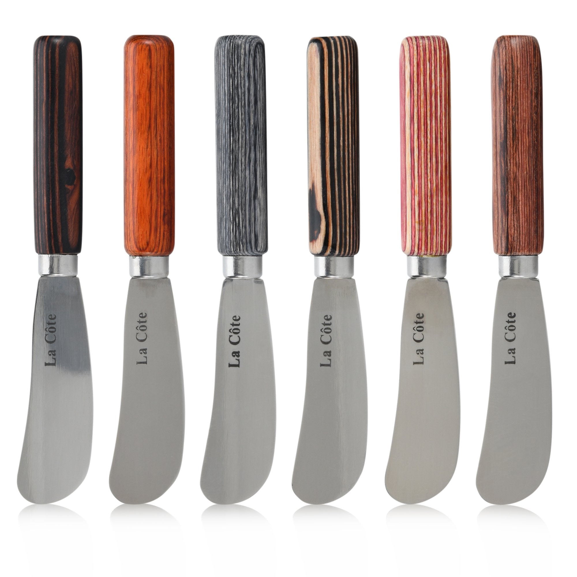 La Cote 6 Piece Cheese Knife Spreader Set Stainless Steel Blade Pakka Wood Handle (5 Inch in Mini Barrel)