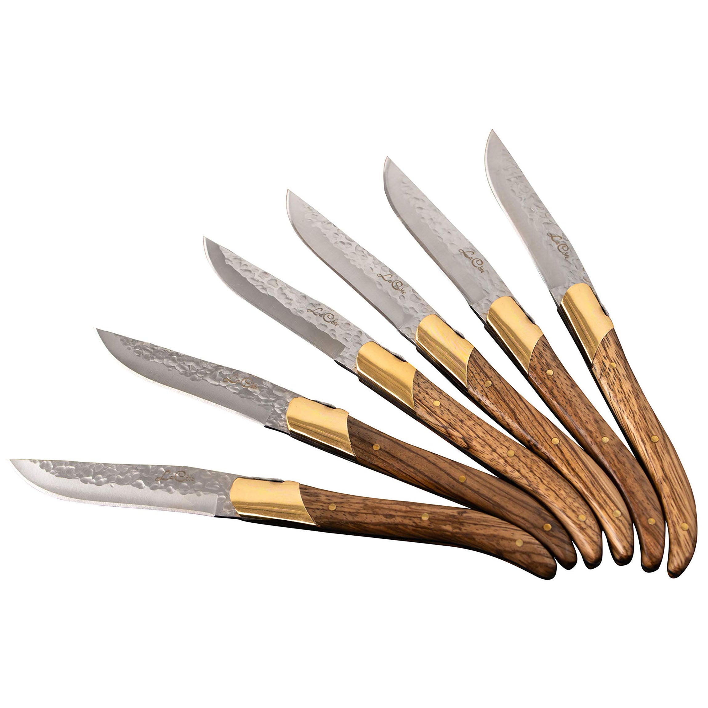 La Cote 6 Piece Zebra Wood Steak Knives Set with Walnut & Zebra Wood Storage Box Ultra- Sharp, Straight Edge/ Hammered blades