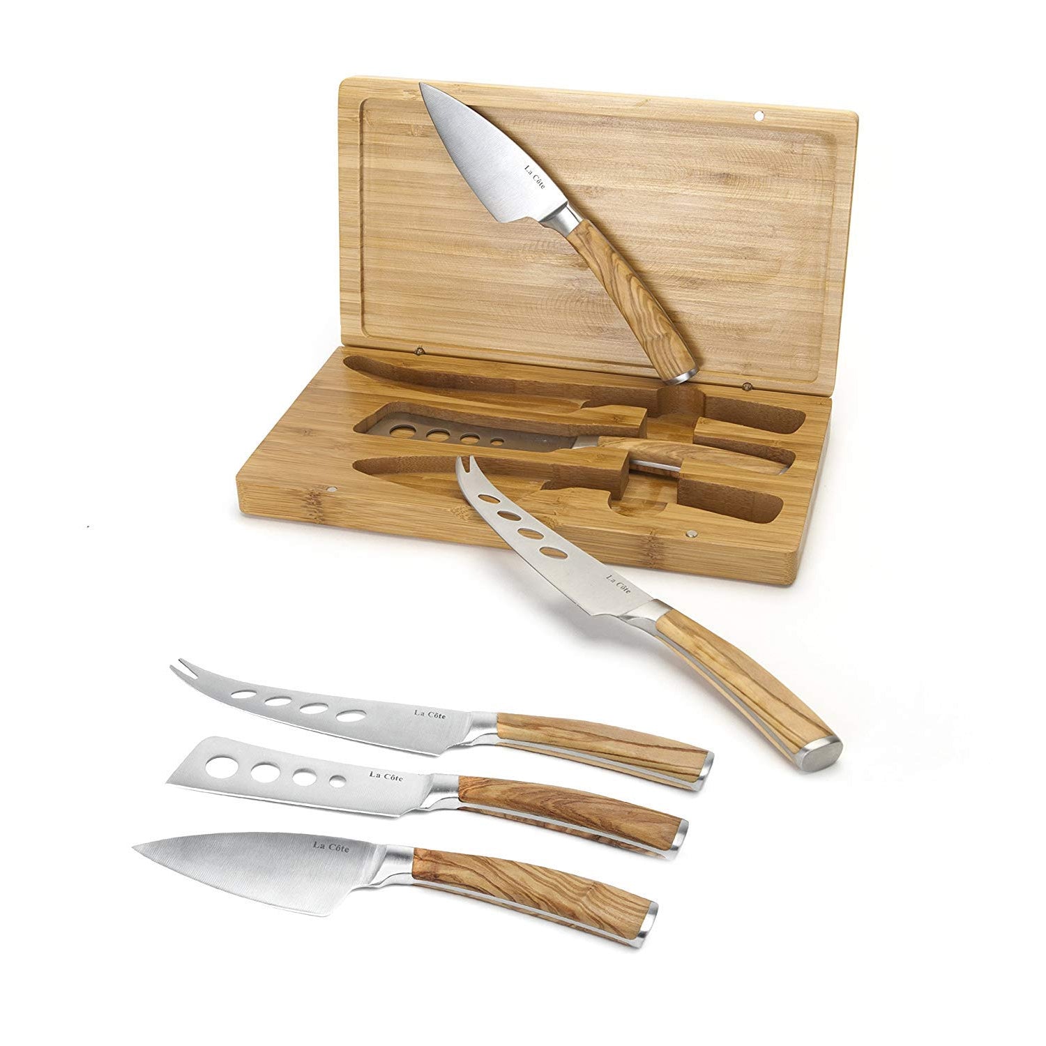 La Cote Olive Wood Cheese Knives Set Servers Accessories (3 Piece Cheese Knife Set In Bamboo box)