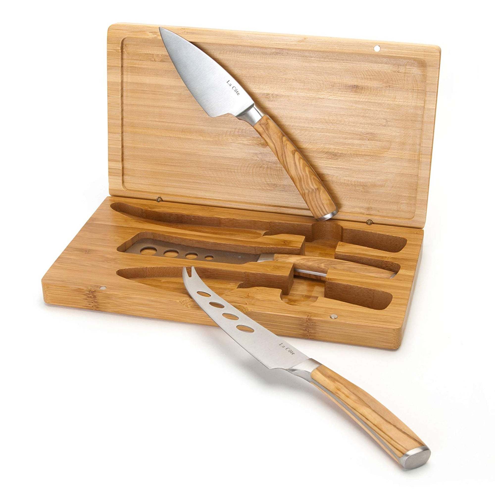 La Cote Olive Wood Cheese Knives Set Servers Accessories (3 Piece Cheese Knife Set In Bamboo box)