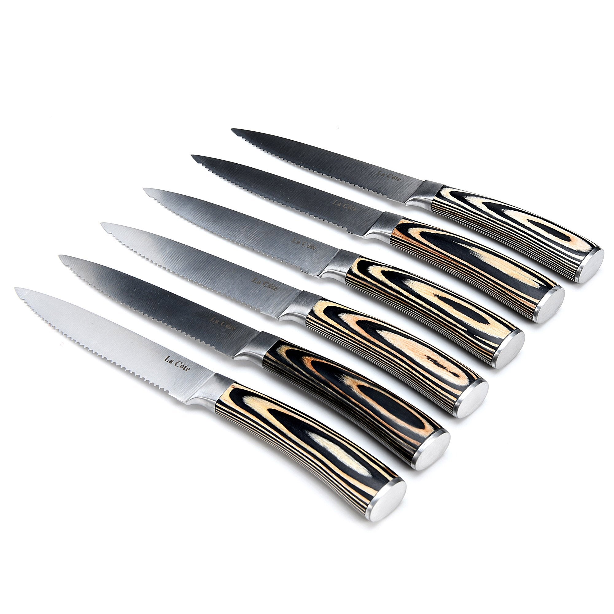 La Cote 6 Piece Steak Knives Set Japanese Stainless Steel Wood Handle In Bamboo Storage Box (Pakka Wood - Zebra)