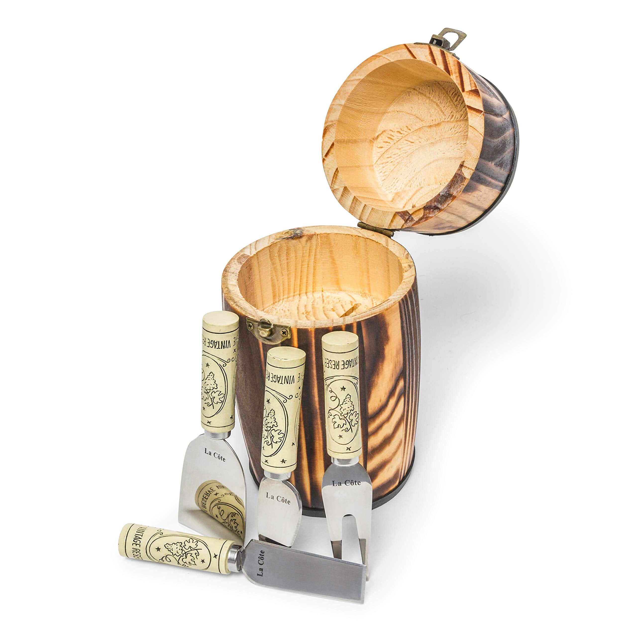 La Cote 4 PC Cheese Knife Set in Pine Wood Mini Barrel