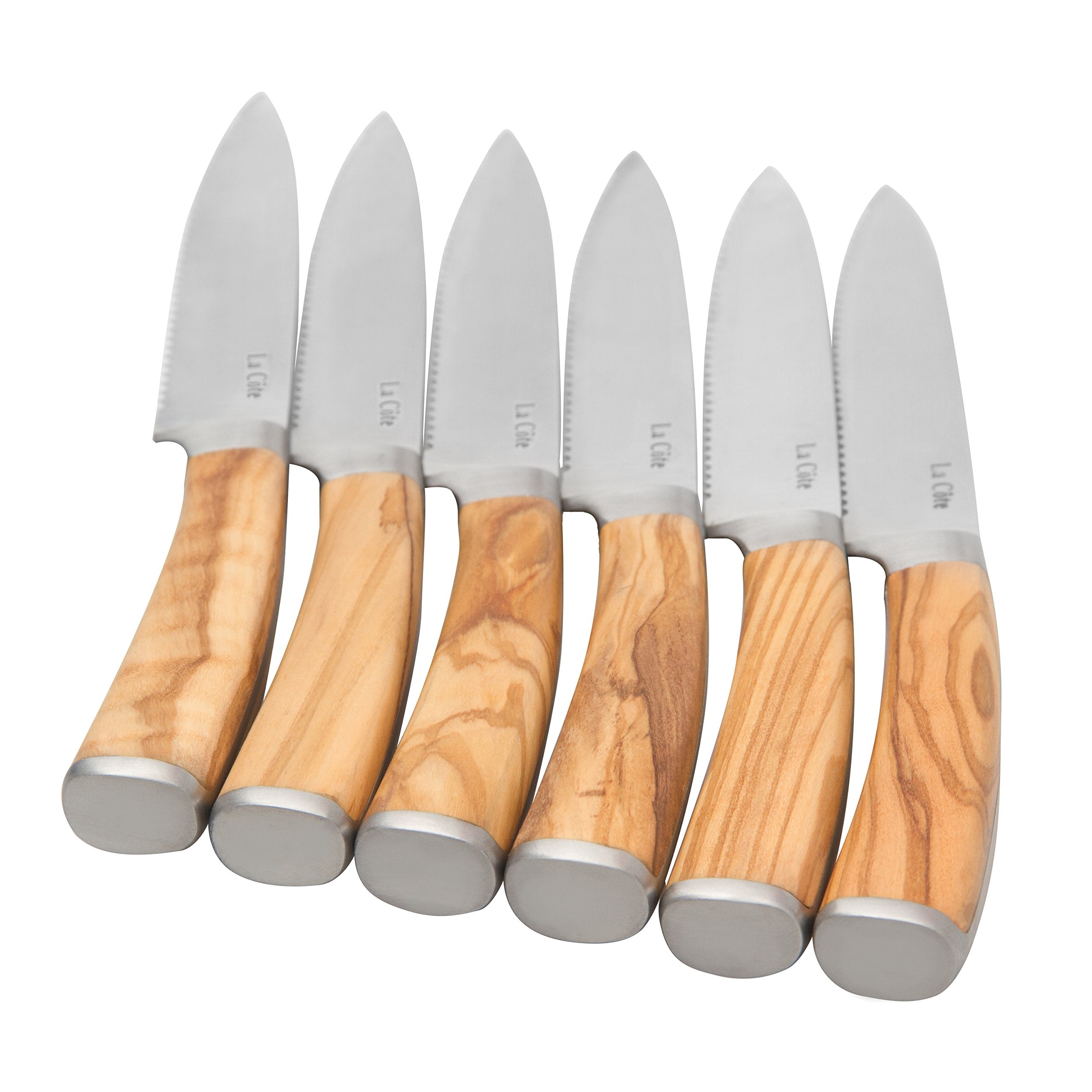 La Cote 6 Piece Steak Knives Set Japanese Stainless Steel Olive Wood Handle  In Gift Box (6 PC Steak Knife Set Olive Wood)