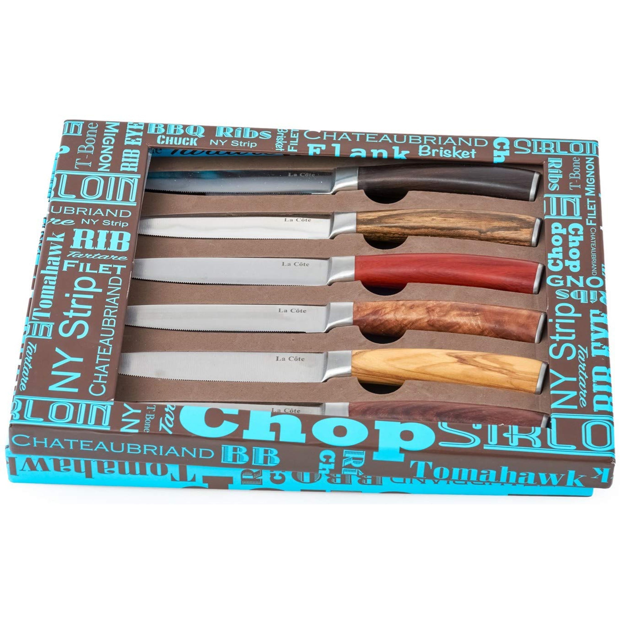 La Cote 6 Piece Exotic Woods Steak Knives Set Japanese Stainless Steel in Gift Box