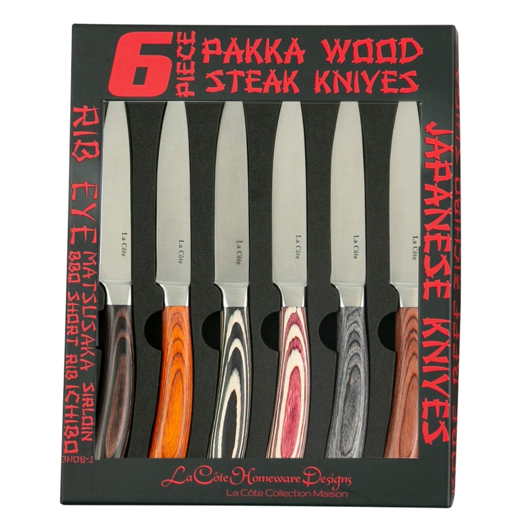 La Cote 6 Piece Pakka Wood Steak Knives Set Straight Edge, non Serrated Blades in Gift Box