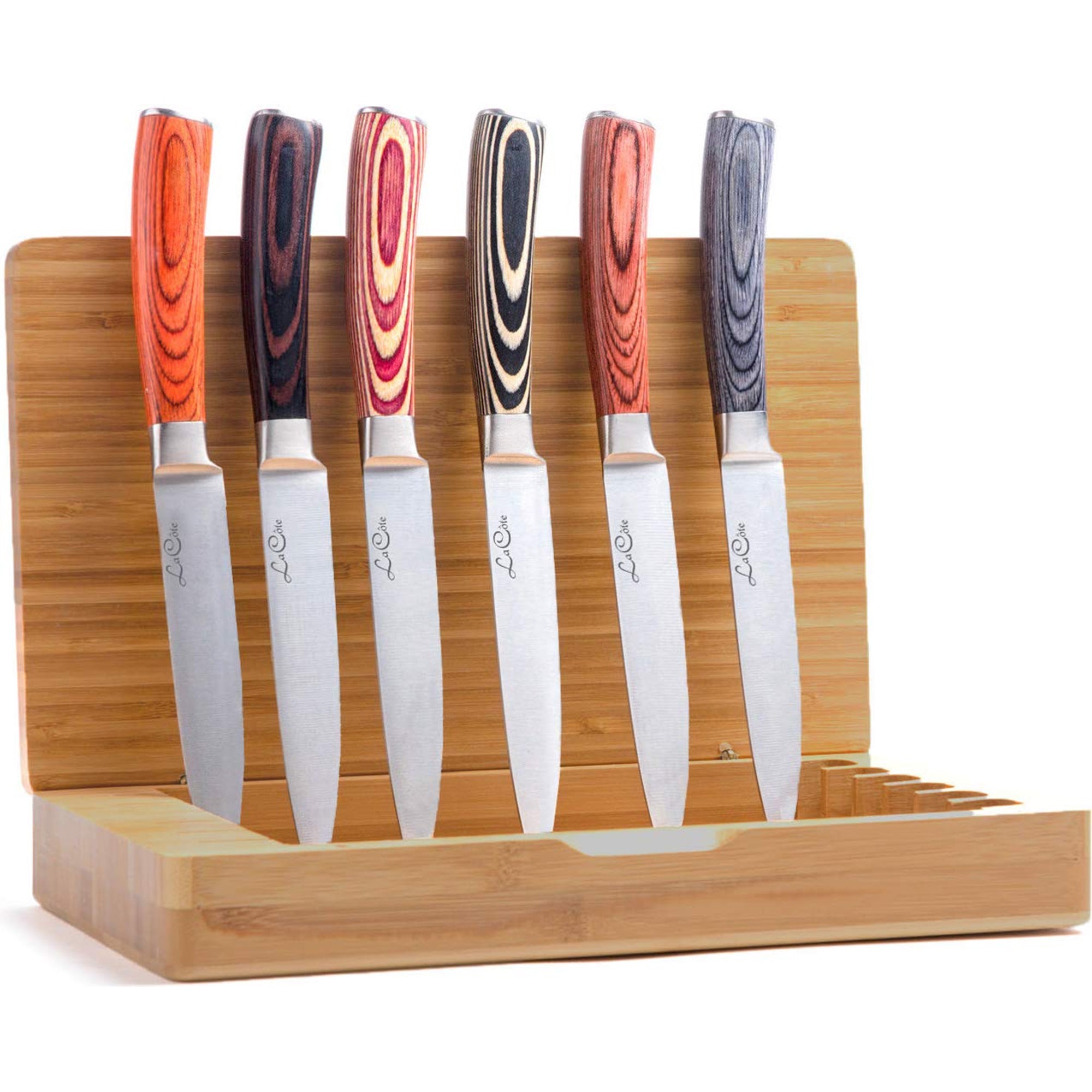 La Cote 6 Piece Steak Knives Set Japanese Stainless Steel Wood Handle In Bamboo Storage Box (6 PC Steak Knife Set - Multi) (Straight Edge blades in Bamboo Box)