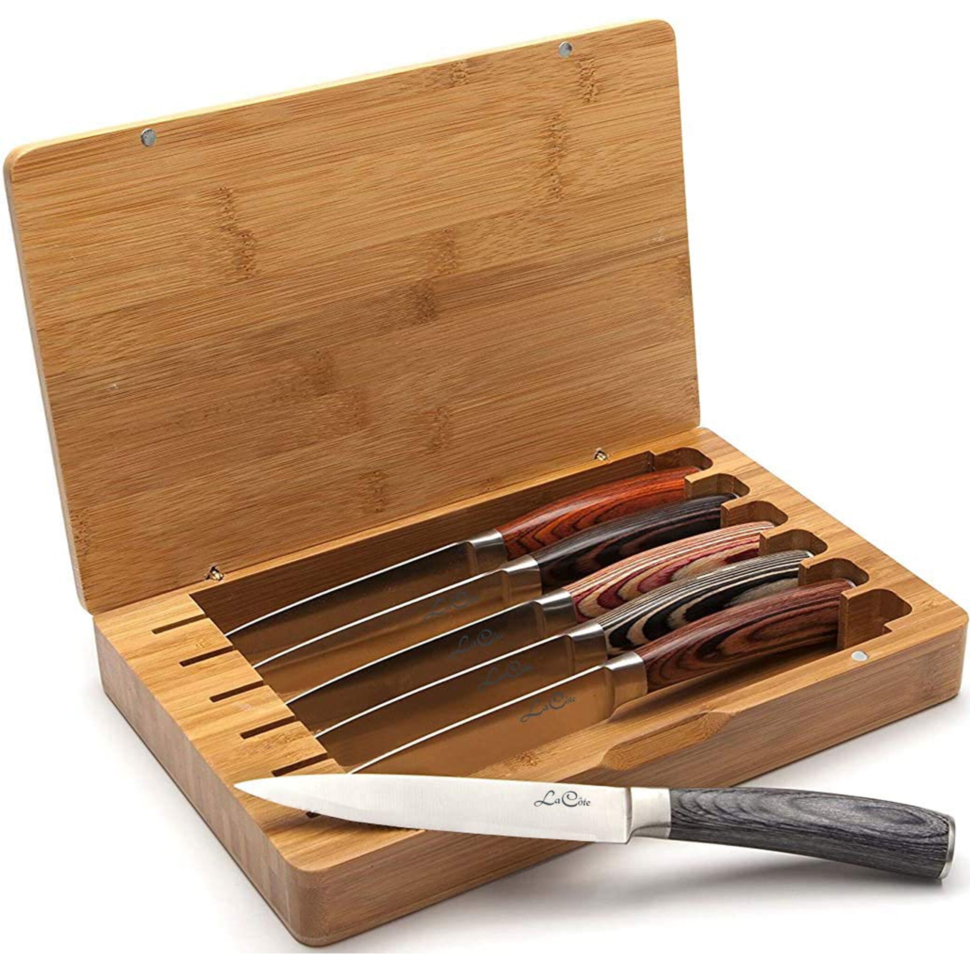 La Cote 6 Piece Steak Knives Set Japanese Stainless Steel Wood Handle In Bamboo Storage Box (6 PC Steak Knife Set - Multi) (Straight Edge blades in Bamboo Box)
