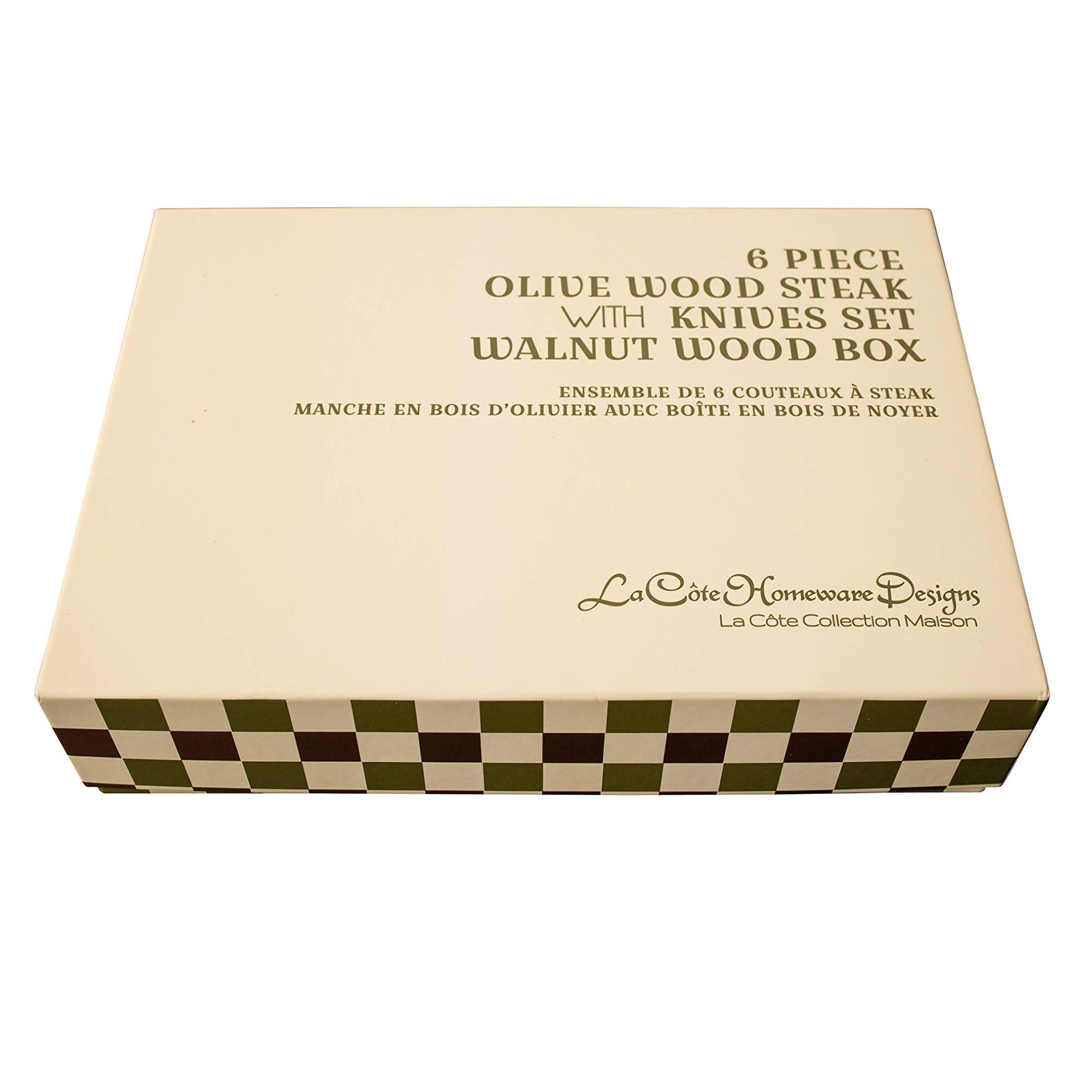 La Côte 6 Piece Olive Wood Steak Knives Set with Walnut Wood Storage Box Ultra- Sharp, Straight Edge/ Hammered blades