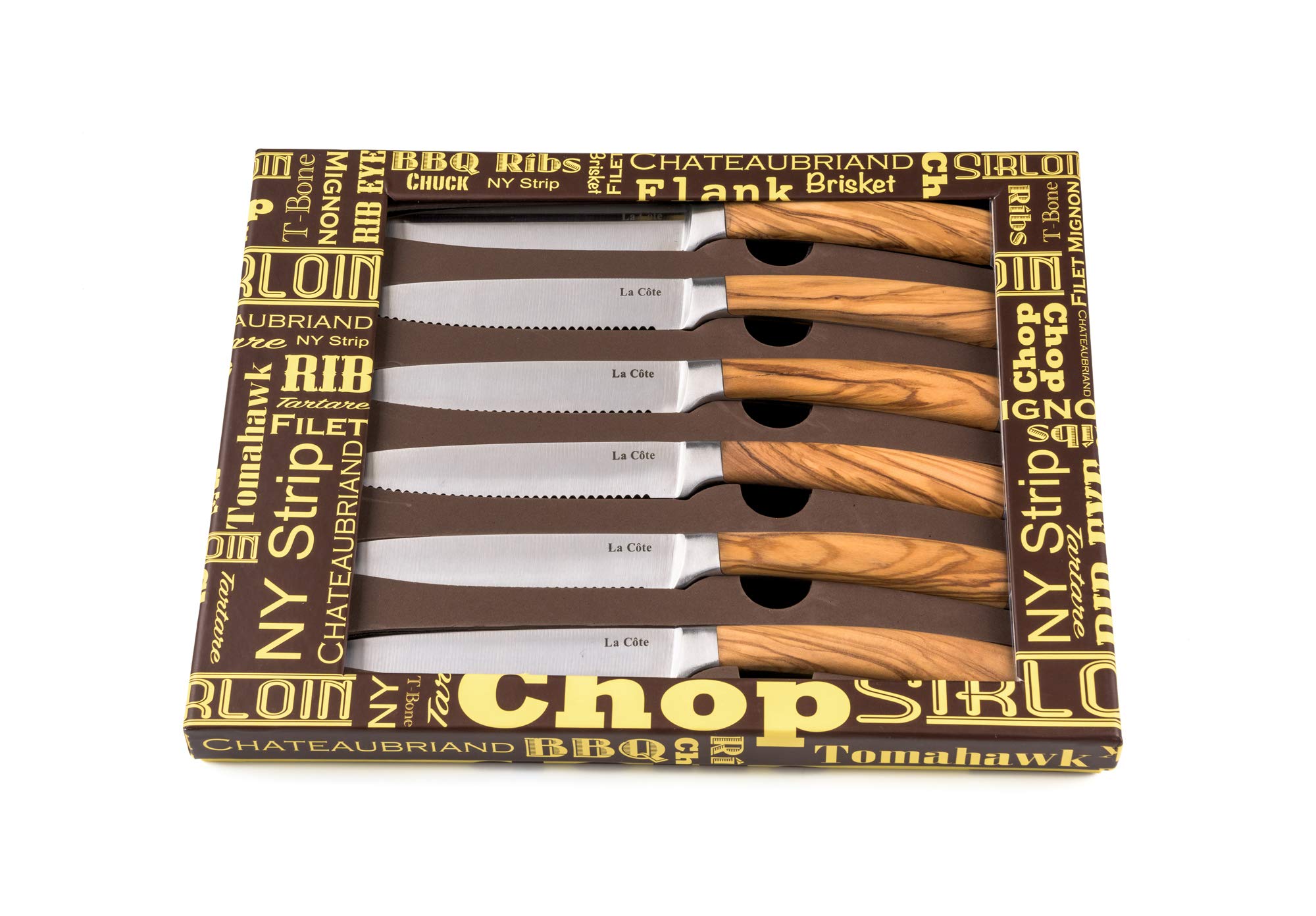 La Cote 6 Piece Steak Knives Set Japanese Stainless Steel Olive Wood Handle In Gift Box (6 PC Steak Knife Set Olive Wood)