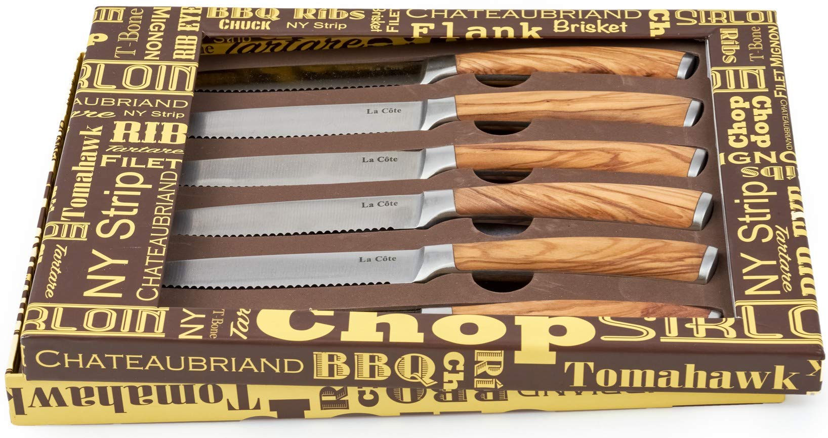 La Cote 6 Piece Steak Knives Set Japanese Stainless Steel Olive Wood Handle In Gift Box (6 PC Steak Knife Set Olive Wood)