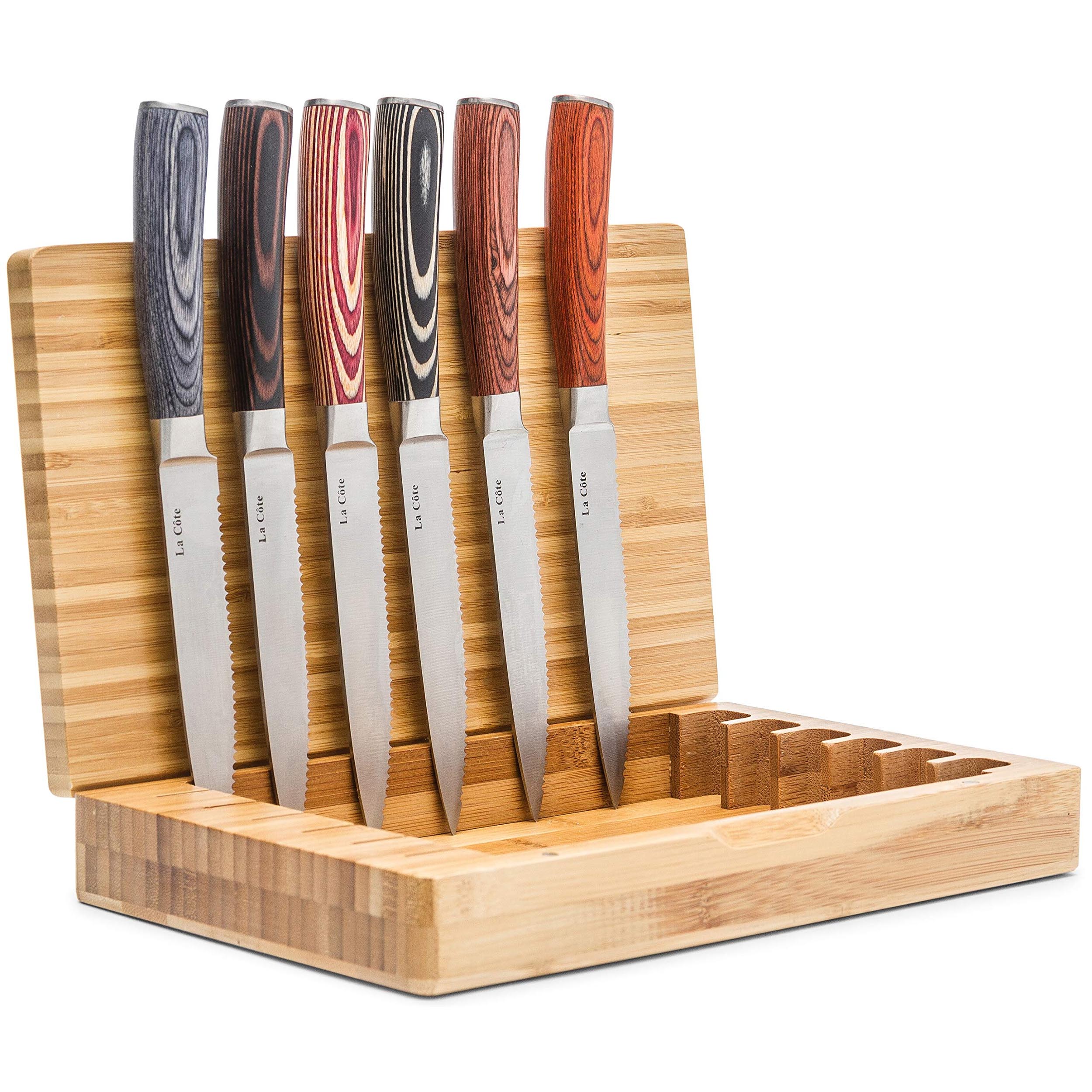 La Cote 6 Piece Steak Knives Set Japanese Stainless Steel Pakka Wood Handle In Bamboo Storage Box (6 PC Steak Knife Set - Multi)
