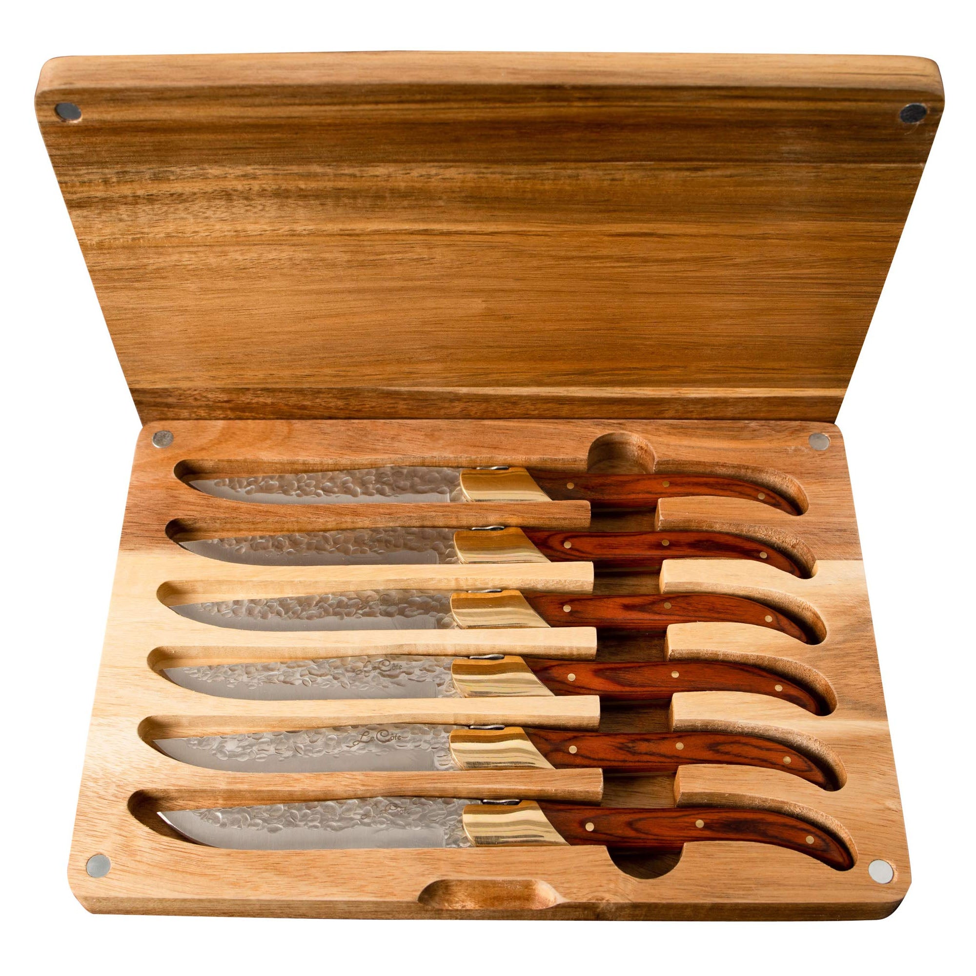 La Cote 6 Piece Pakka Wood Cupreous Steak Knives Set Japanese Stainless Steel Wood Handle In Gift Box (6 PC Pakka Wood With Acacia Wood Box)